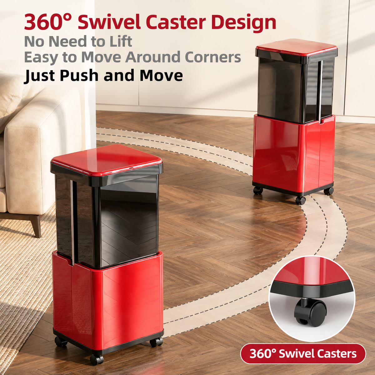 Hydraulic Lift Trash Bin with Adjustable Height 46–70cm – 20L Capacity & 360° Wheels, Space-Saving Waste Bin for Kitchen, Office & Bathroom(red)