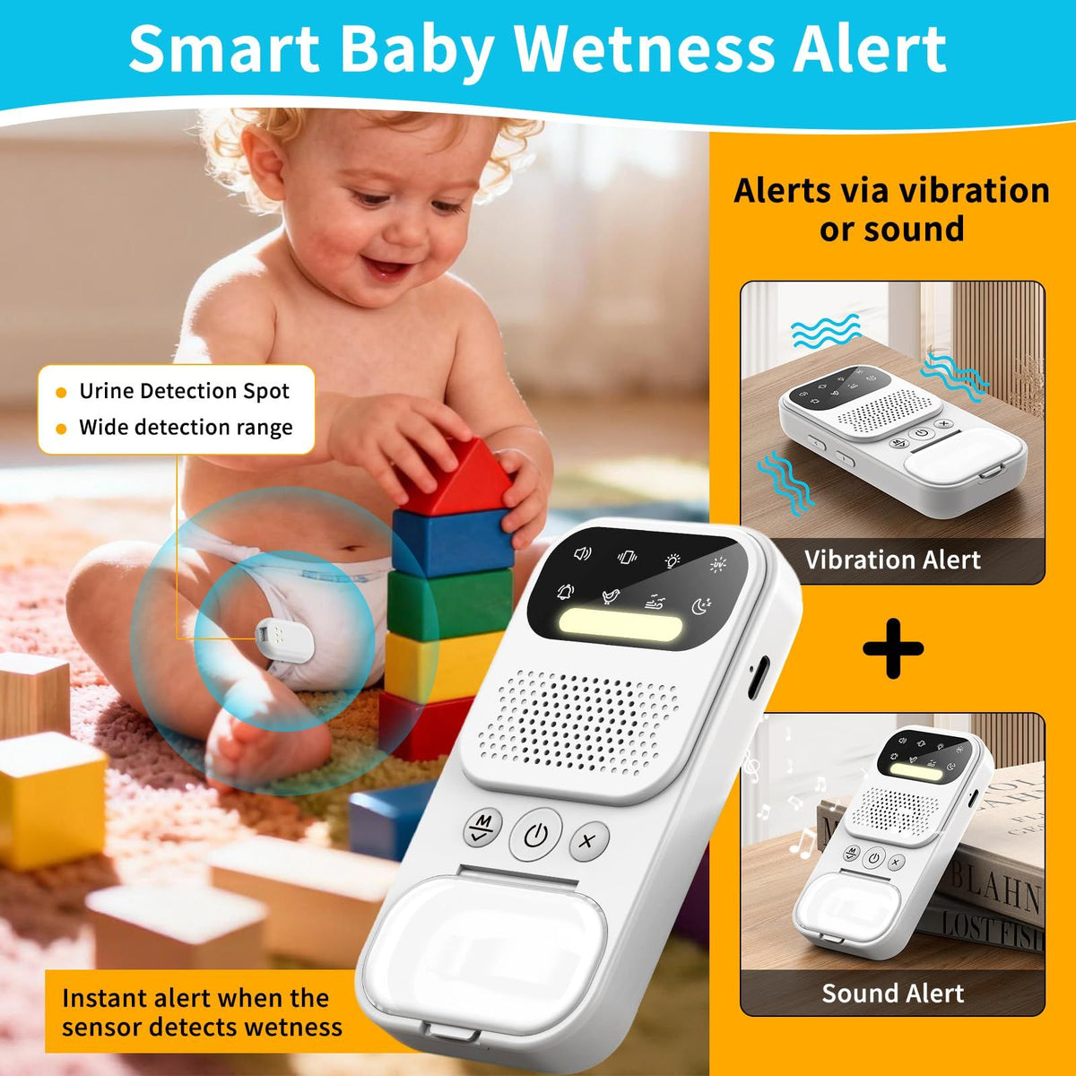 Wireless Bedwetting Alarm for Boys/Girls/Older Kids - 8 Modes - Featuring Sound & Vibration - Rechargeable Bedwetting Training Alarm - High Sensitivity Sensor with UV Mode & Night Light(White)