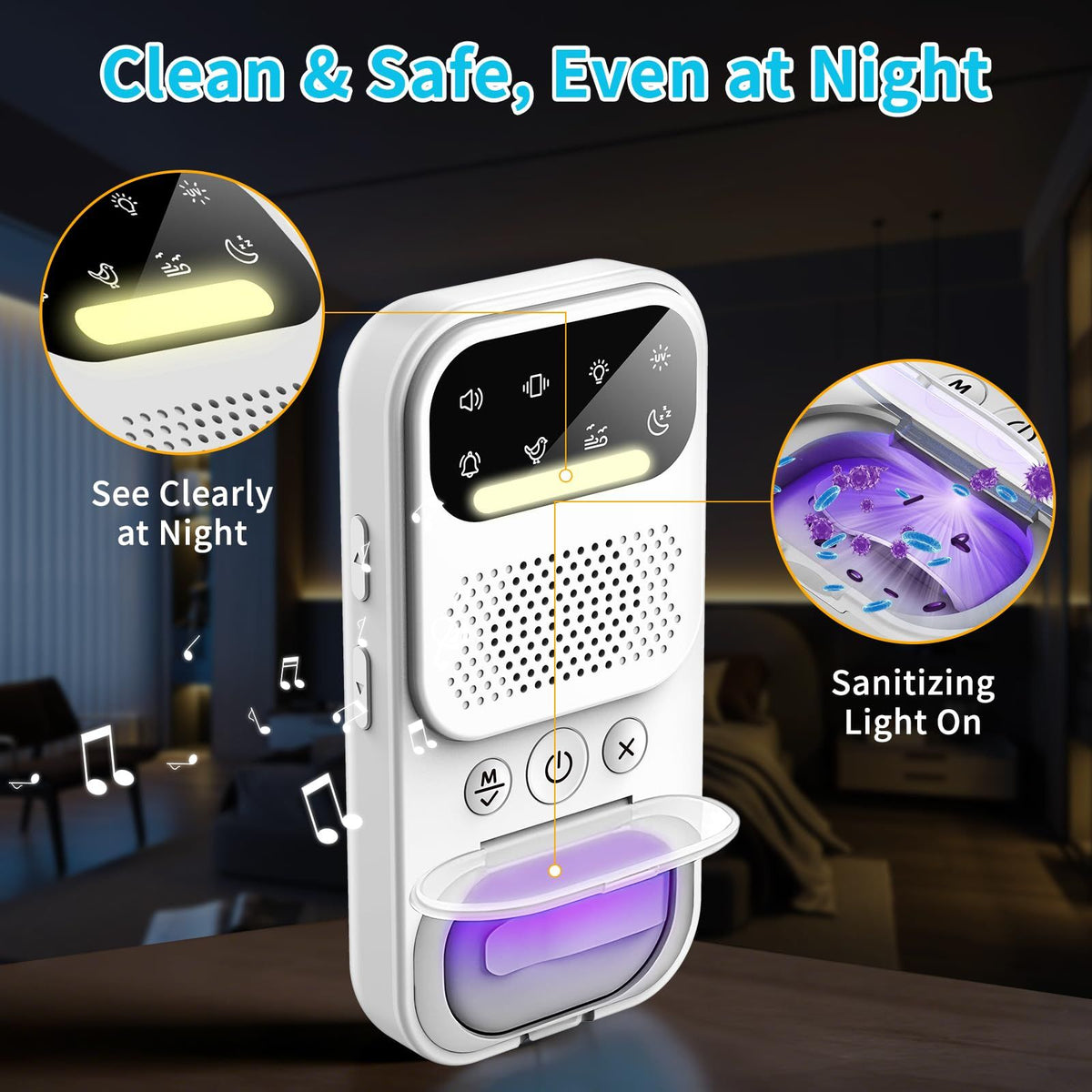 Wireless Bedwetting Alarm for Boys/Girls/Older Kids - 8 Modes - Featuring Sound & Vibration - Rechargeable Bedwetting Training Alarm - High Sensitivity Sensor with UV Mode & Night Light(White)