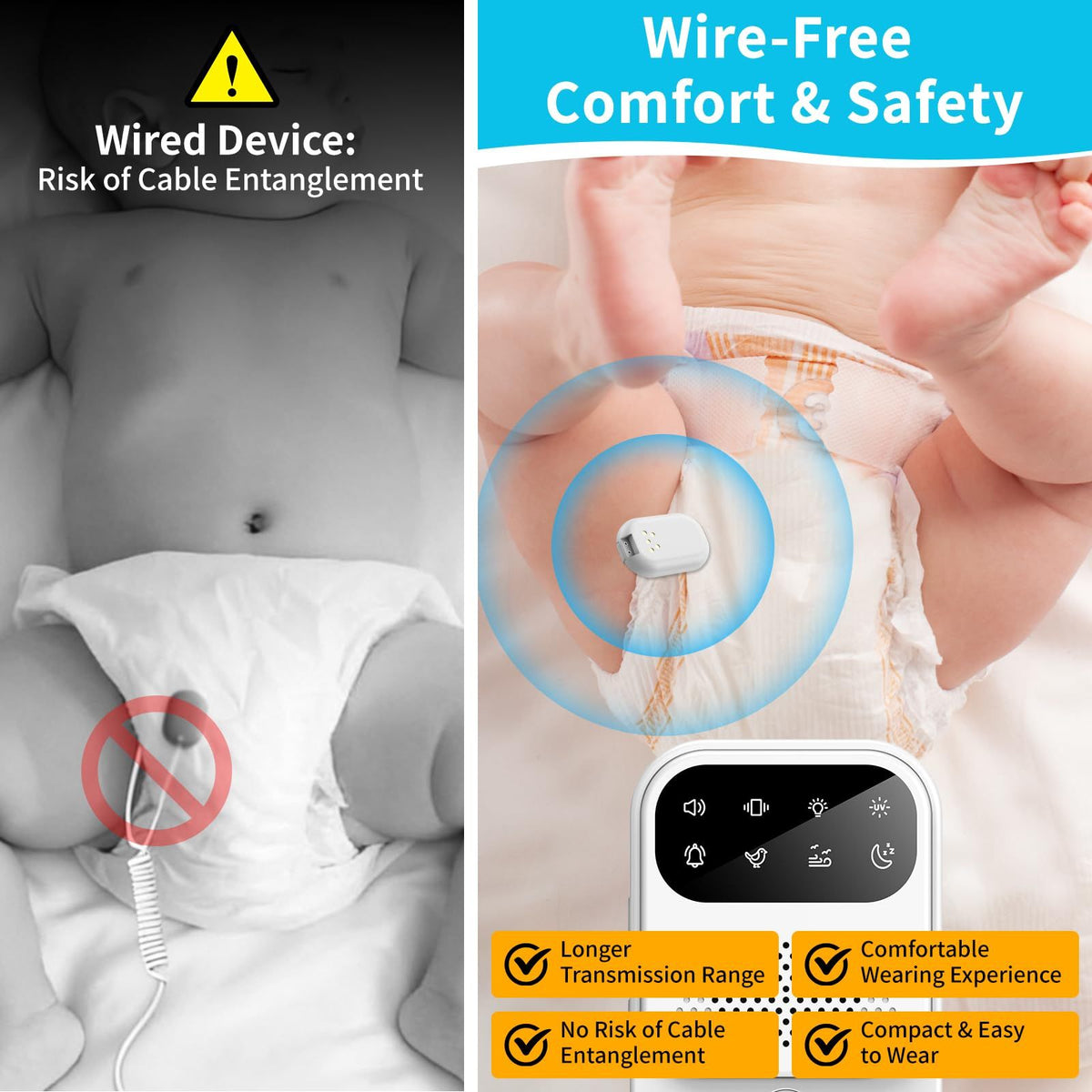 Wireless Bedwetting Alarm for Boys/Girls/Older Kids - 8 Modes - Featuring Sound & Vibration - Rechargeable Bedwetting Training Alarm - High Sensitivity Sensor with UV Mode & Night Light(White)