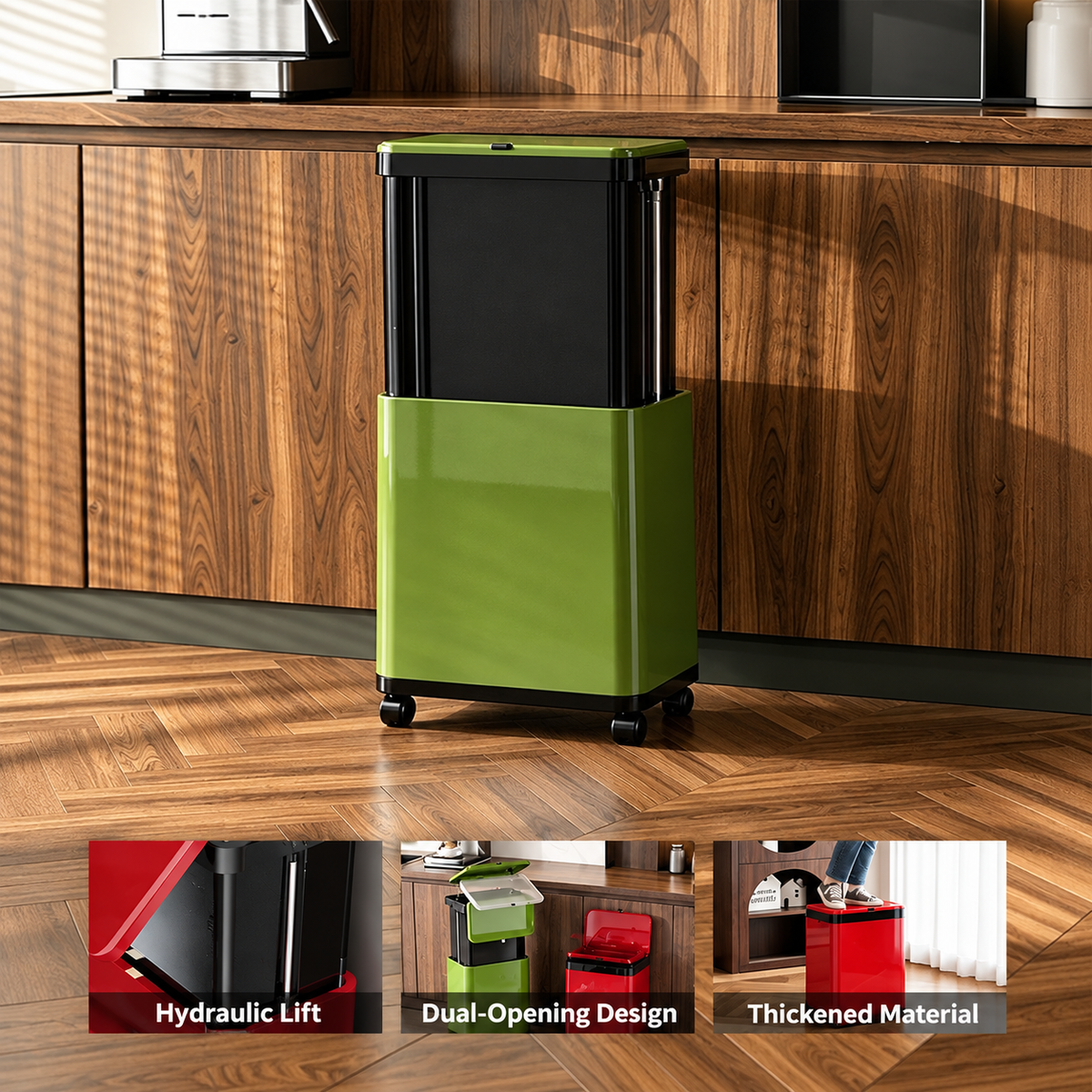 Hydraulic Lift Trash Bin with Adjustable Height 46–70cm – 20L Capacity & 360° Wheels, Space-Saving Waste Bin for Kitchen, Office & Bathroom(Green)