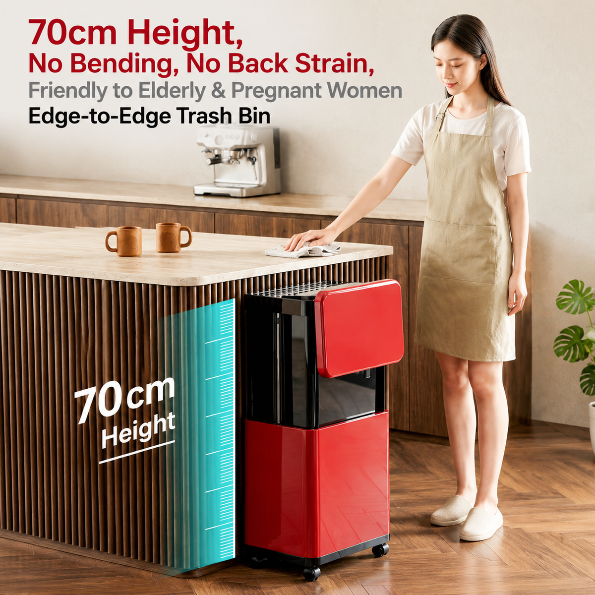Hydraulic Lift Trash Bin with Adjustable Height 46–70cm – 20L Capacity & 360° Wheels, Space-Saving Waste Bin for Kitchen, Office & Bathroom(Green)