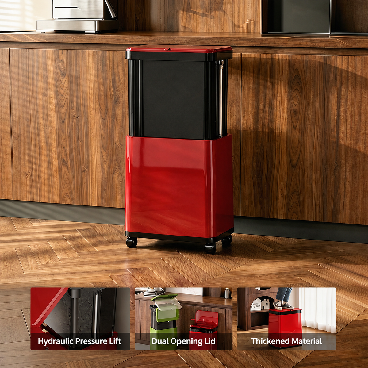 Hydraulic Lift Trash Bin with Adjustable Height 46–70cm – 20L Capacity & 360° Wheels, Space-Saving Waste Bin for Kitchen, Office & Bathroom(Green)