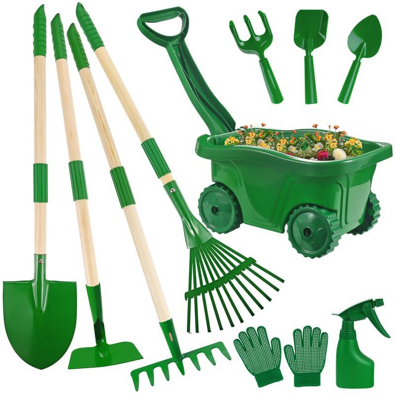 Kids Gardening Tools Set - 10pcs Wheelbarrow Set for Kids
with Shovel, Rake, Leaf Rake, Summer Outdoor Yard Digging Weed Birthday Gifts Toys, Easter for Boys Girls Age 3+ Years(Green)