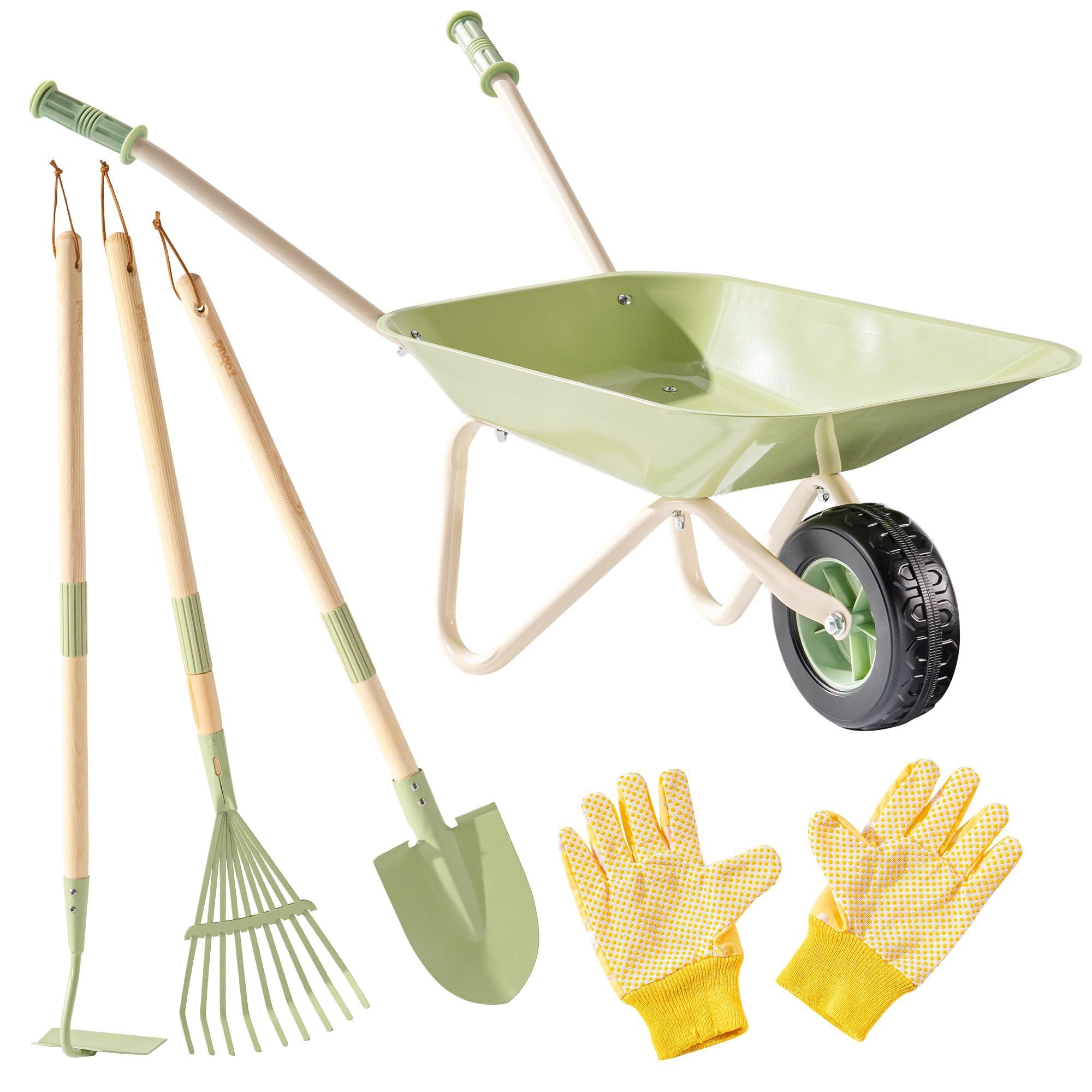 5-Piece Kids Wheelbarrow and Gardening Tool Set, Ages 3+
Metal toy wheelbarrow, extendable broom, hoe, shovel, and gloves for garden, yard, sandbox, and supervised outdoor play(Light Green)