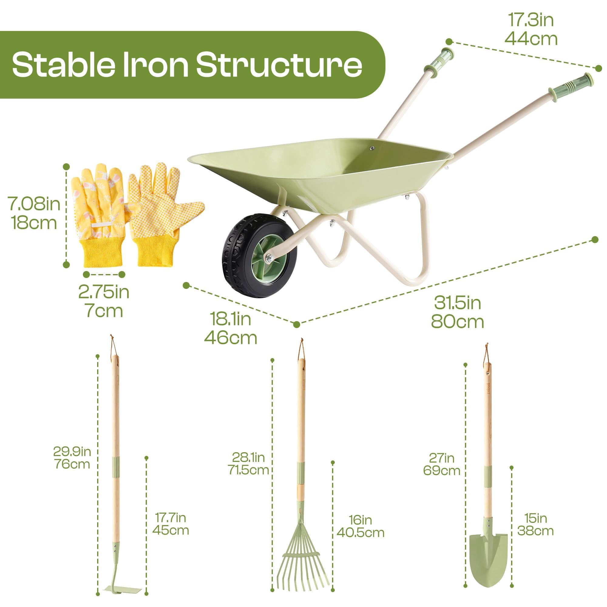 5-Piece Kids Wheelbarrow and Gardening Tool Set, Ages 3+
Metal toy wheelbarrow, extendable broom, hoe, shovel, and gloves for garden, yard, sandbox, and supervised outdoor play(Light Green)