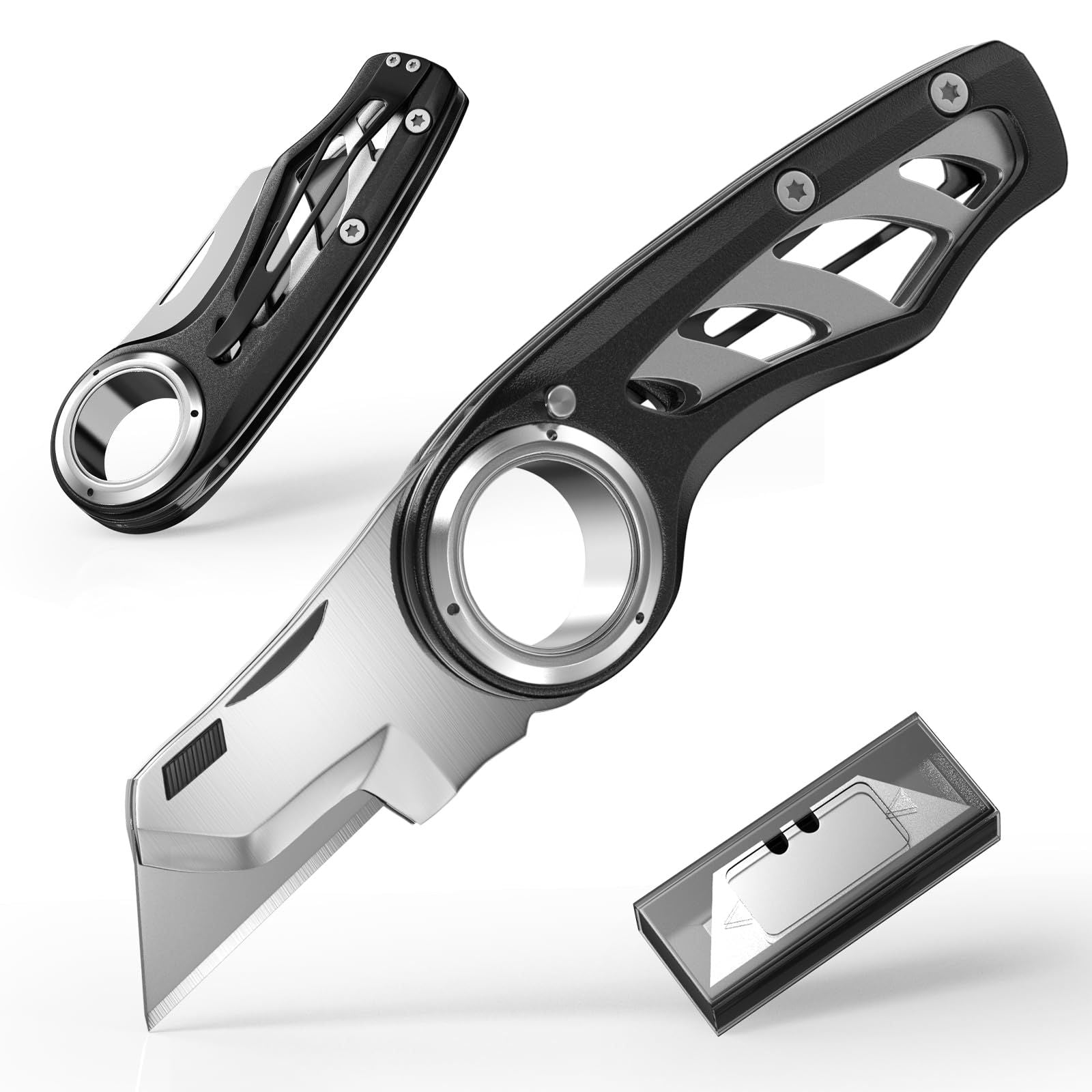 Folding Utility Knife Pocket Knife, Heavy-Duty Box Cutter with Aluminum Body, Quick Change Blades, Anti Slip Finger Loop, Box Cutter for Home, Office, Warehouse, Durable Razor Knife, Box Knife(black)