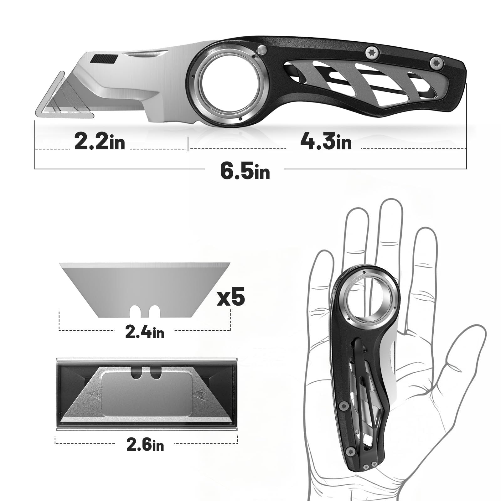 Folding Utility Knife Pocket Knife, Heavy-Duty Box Cutter with Aluminum Body, Quick Change Blades, Anti Slip Finger Loop, Box Cutter for Home, Office, Warehouse, Durable Razor Knife, Box Knife(black)