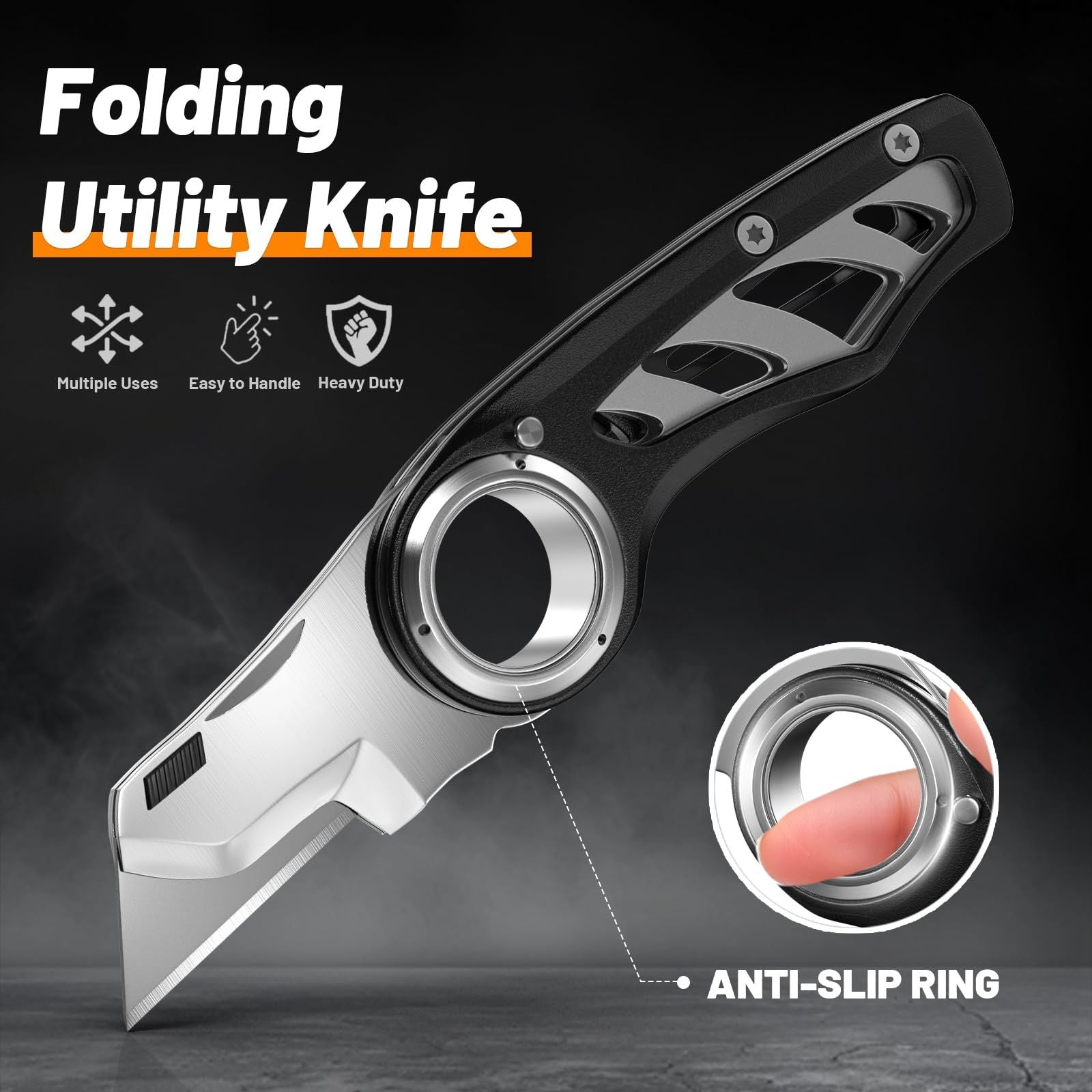 Folding Utility Knife Pocket Knife, Heavy-Duty Box Cutter with Aluminum Body, Quick Change Blades, Anti Slip Finger Loop, Box Cutter for Home, Office, Warehouse, Durable Razor Knife, Box Knife(black)