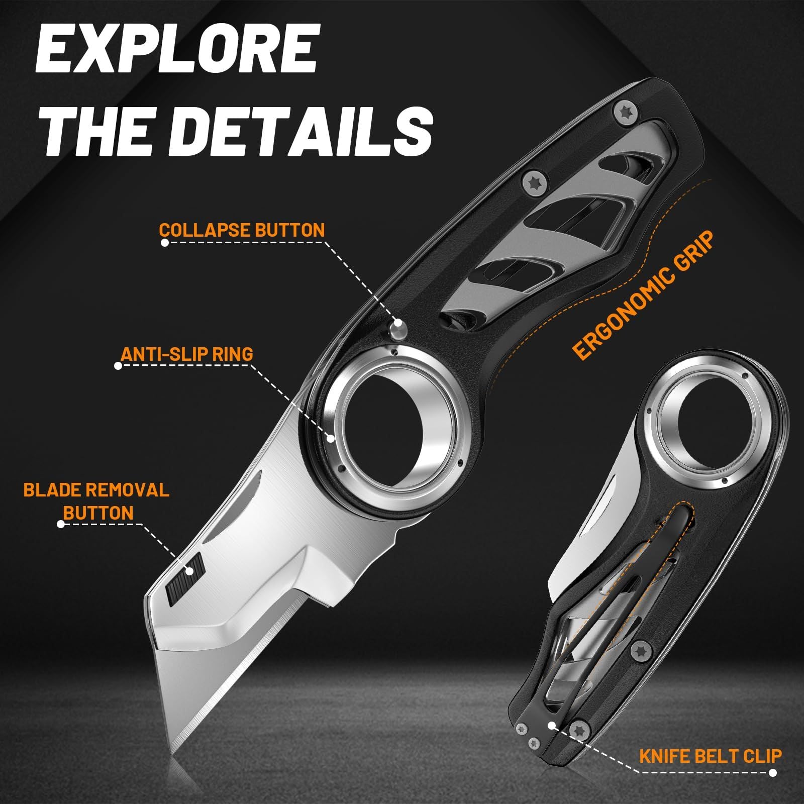 Folding Utility Knife Pocket Knife, Heavy-Duty Box Cutter with Aluminum Body, Quick Change Blades, Anti Slip Finger Loop, Box Cutter for Home, Office, Warehouse, Durable Razor Knife, Box Knife(black)