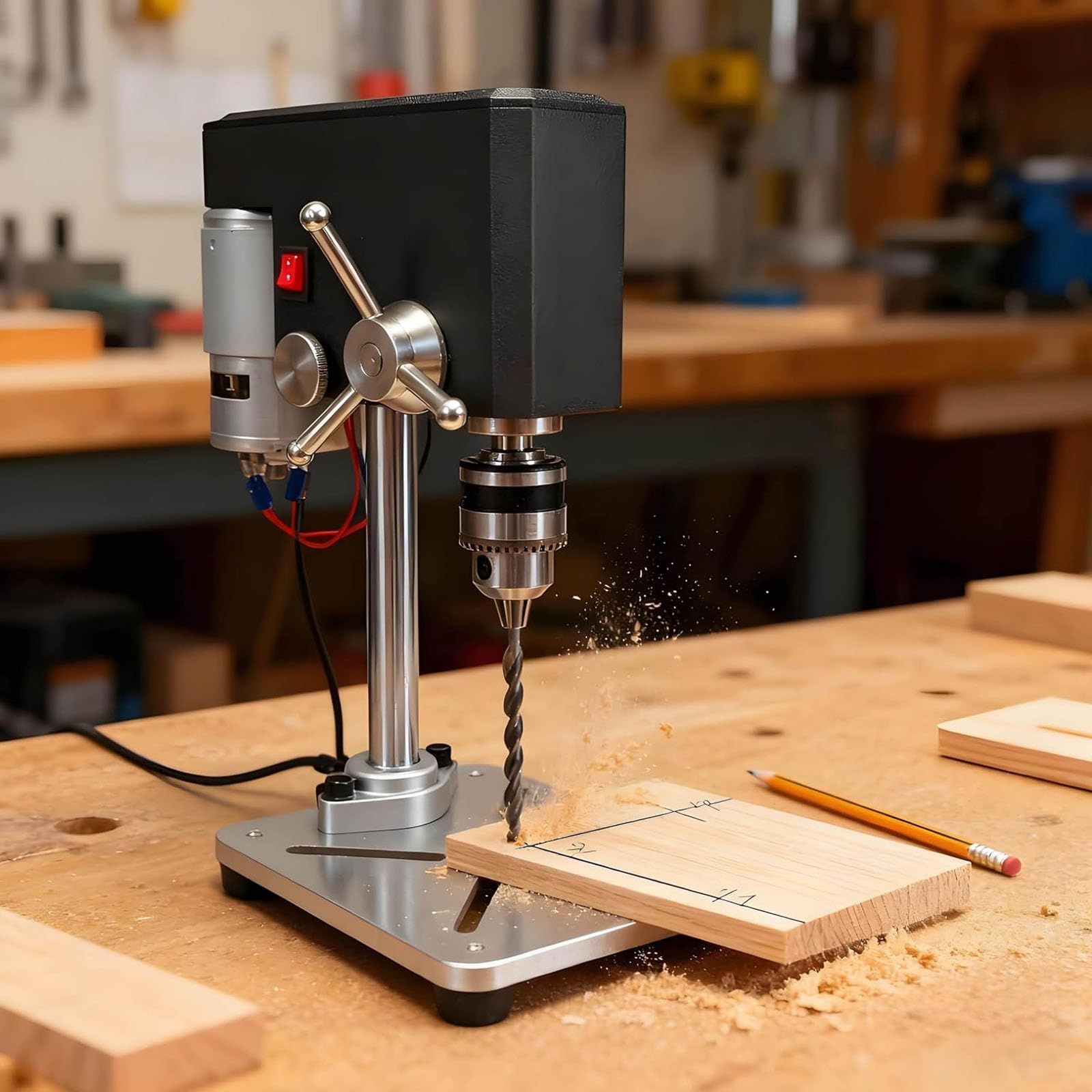 Mini Bench Drill 95W, Max 5000RPM, Adjustable 6mm Chuck, 100mm Spindle Travel, Stable Metal Base with Mounting Slots for Jewelry, Wood, Plastic DIY Crafts(black)