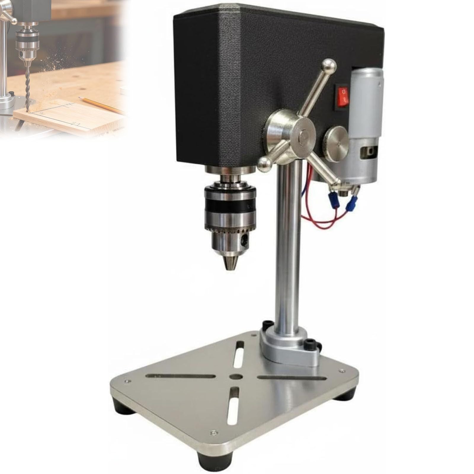 Mini Bench Drill 95W, Max 5000RPM, Adjustable 6mm Chuck, 100mm Spindle Travel, Stable Metal Base with Mounting Slots for Jewelry, Wood, Plastic DIY Crafts(black)