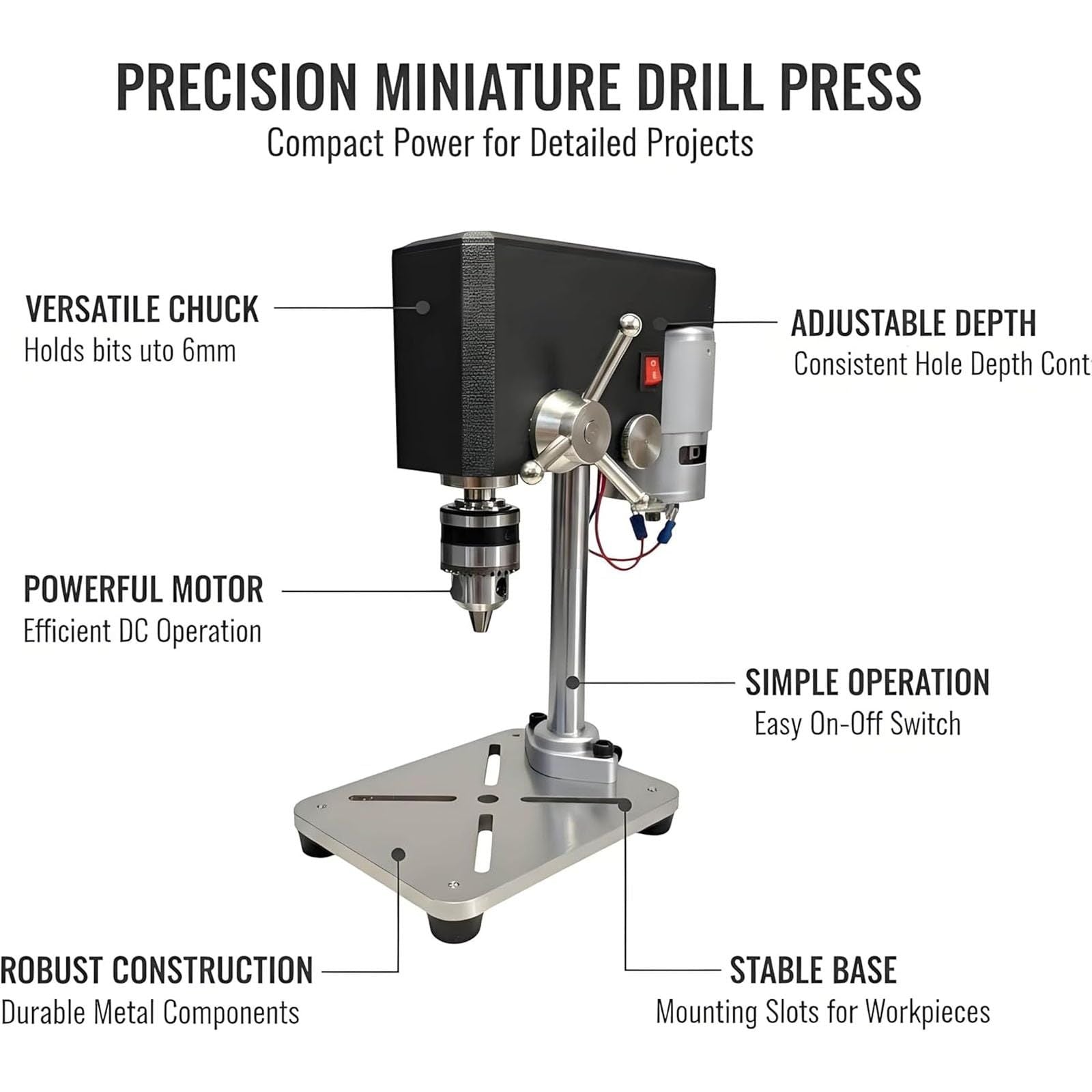 Mini Bench Drill 95W, Max 5000RPM, Adjustable 6mm Chuck, 100mm Spindle Travel, Stable Metal Base with Mounting Slots for Jewelry, Wood, Plastic DIY Crafts(black)