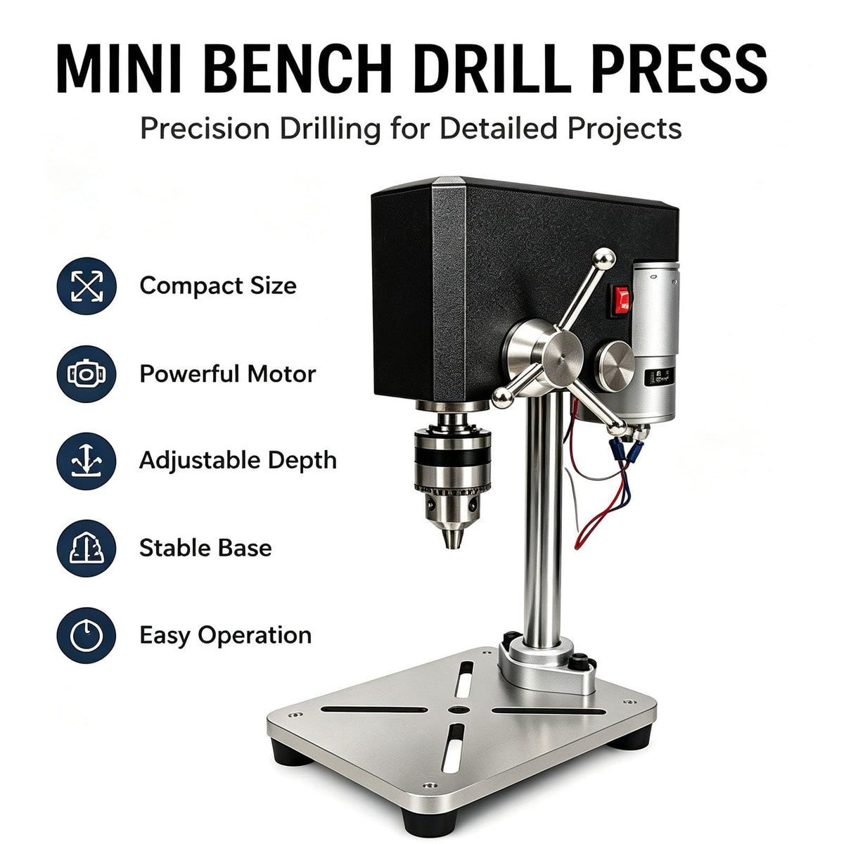 Mini Bench Drill 95W, Max 5000RPM, Adjustable 6mm Chuck, 100mm Spindle Travel, Stable Metal Base with Mounting Slots for Jewelry, Wood, Plastic DIY Crafts(black)