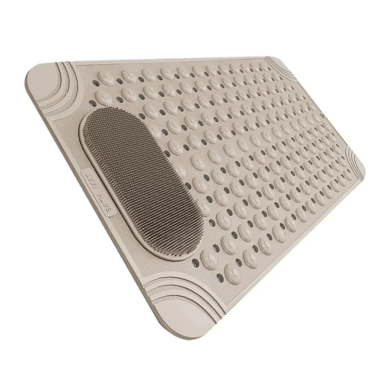 Non-Slip Bath Mat with Foot Scrubber – 120 x 80 cm, Anti-Skid Suction Cups & Drain Holes, Waterproof Shower Floor Pad with Exfoliating Brush(Grey)