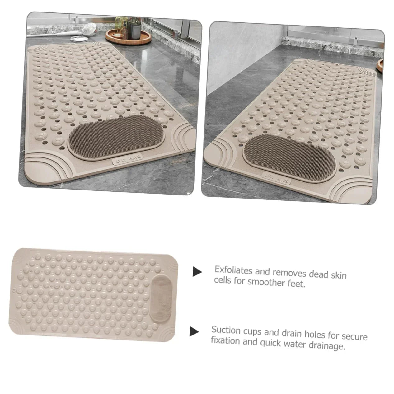 Non-Slip Bath Mat with Foot Scrubber – 120 x 80 cm, Anti-Skid Suction Cups & Drain Holes, Waterproof Shower Floor Pad with Exfoliating Brush(Grey)