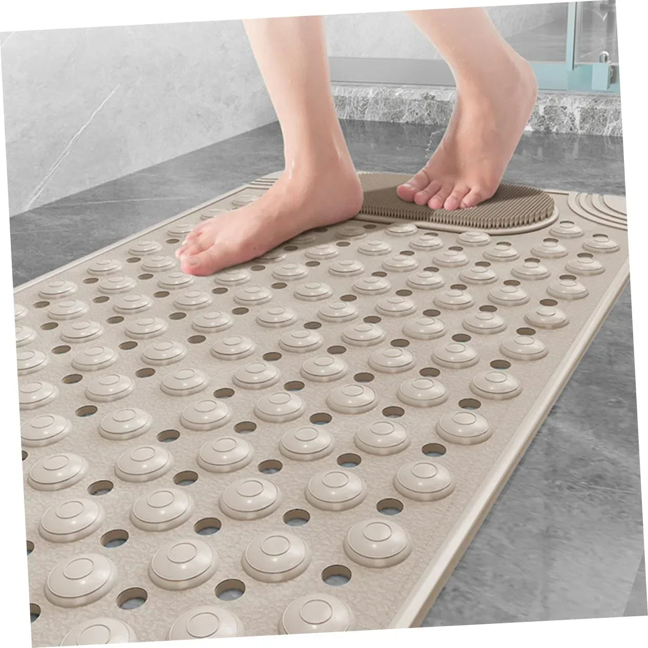 Non-Slip Bath Mat with Foot Scrubber – 120 x 80 cm, Anti-Skid Suction Cups & Drain Holes, Waterproof Shower Floor Pad with Exfoliating Brush(Grey)