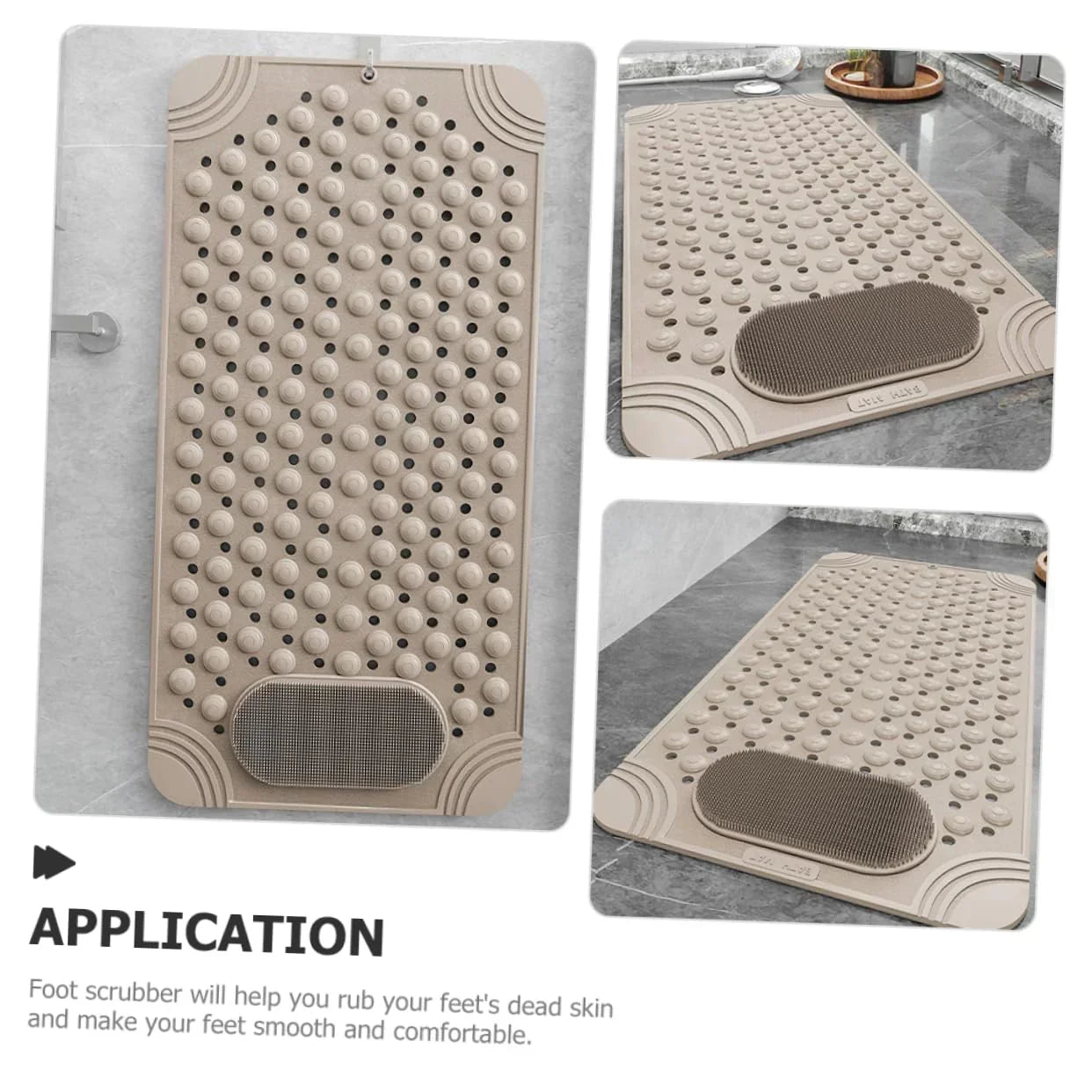 Non-Slip Bath Mat with Foot Scrubber – 120 x 80 cm, Anti-Skid Suction Cups & Drain Holes, Waterproof Shower Floor Pad with Exfoliating Brush(Grey)