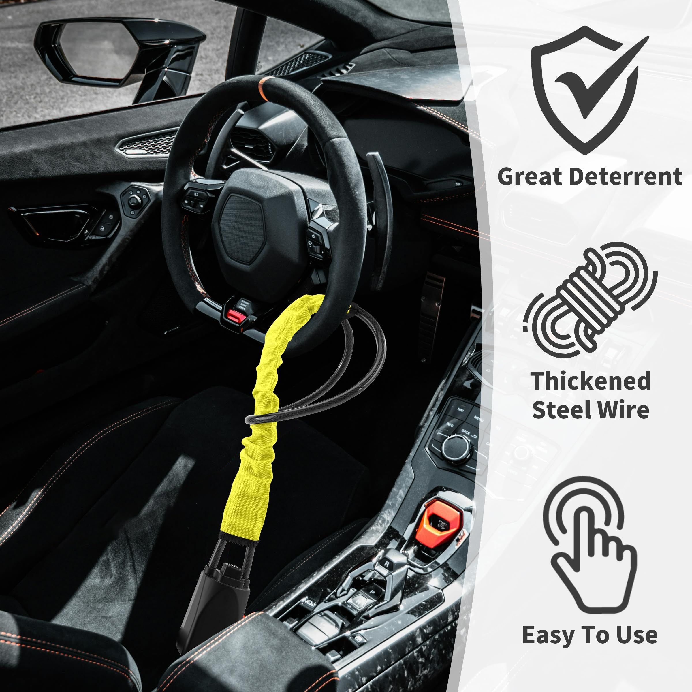 Car Steering Wheel Lock, Seat Belt Lock, Anti-Theft Device, Max 17 Inch Length, Small and Light-Weight, Multi-Functional, Fit Most Vehicle, SUV, Golf Cart Security(yellow)
