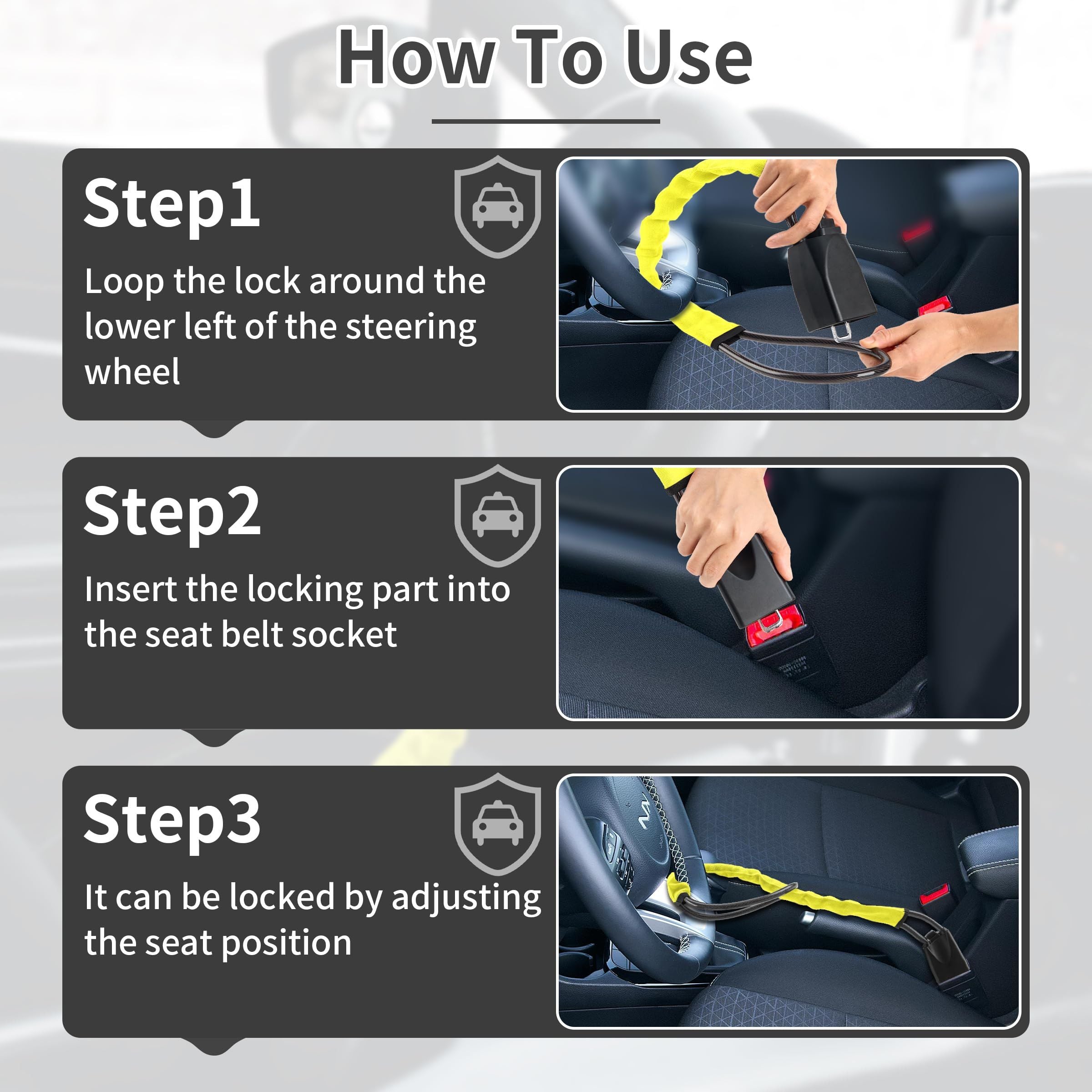 Car Steering Wheel Lock, Seat Belt Lock, Anti-Theft Device, Max 17 Inch Length, Small and Light-Weight, Multi-Functional, Fit Most Vehicle, SUV, Golf Cart Security(Black)
