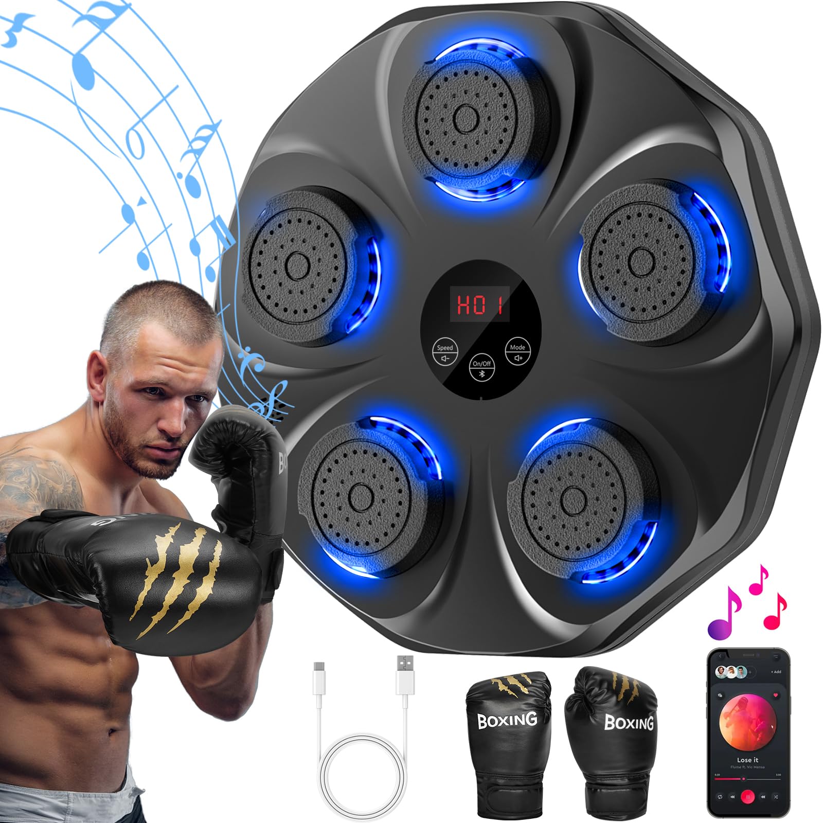 Smart Music Boxing Machine with LED Lights & Bluetooth – Wall-Mounted Interactive Punch Trainer, 9 Modes & 9 Speeds, Includes Gloves for Home Gym Workout (Black)