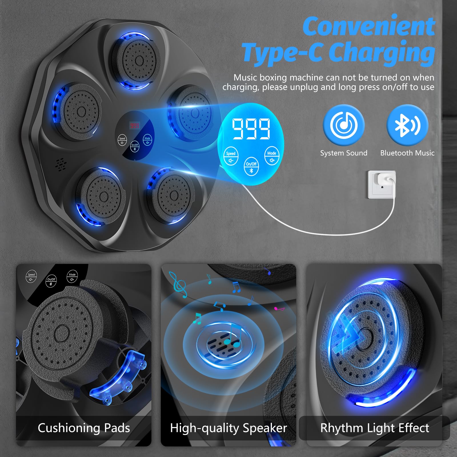 Smart Music Boxing Machine with LED Lights & Bluetooth – Wall-Mounted Interactive Punch Trainer, 9 Modes & 9 Speeds, Includes Gloves for Home Gym Workout (Black)