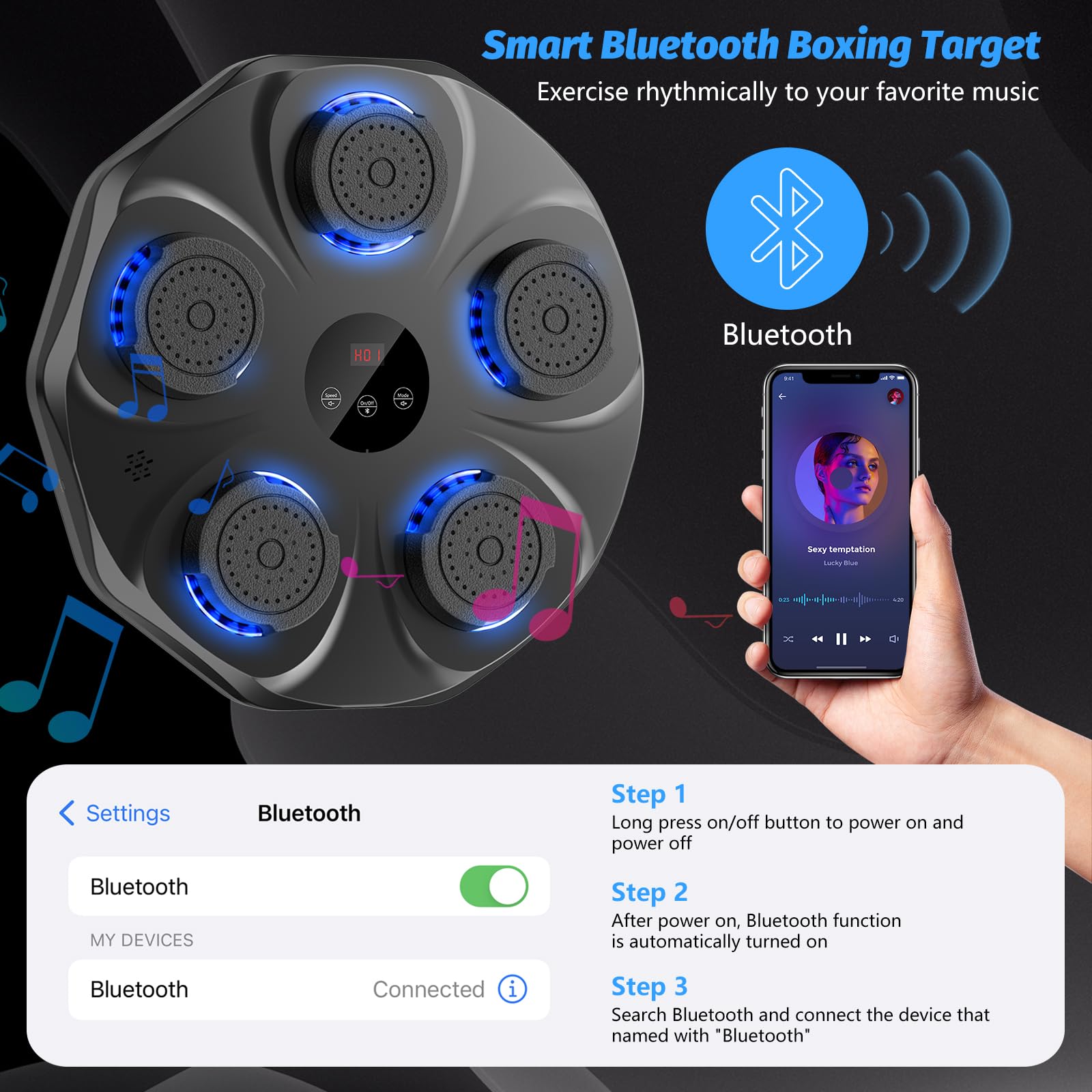 Smart Music Boxing Machine with LED Lights & Bluetooth – Wall-Mounted Interactive Punch Trainer, 9 Modes & 9 Speeds, Includes Gloves for Home Gym Workout (Black)