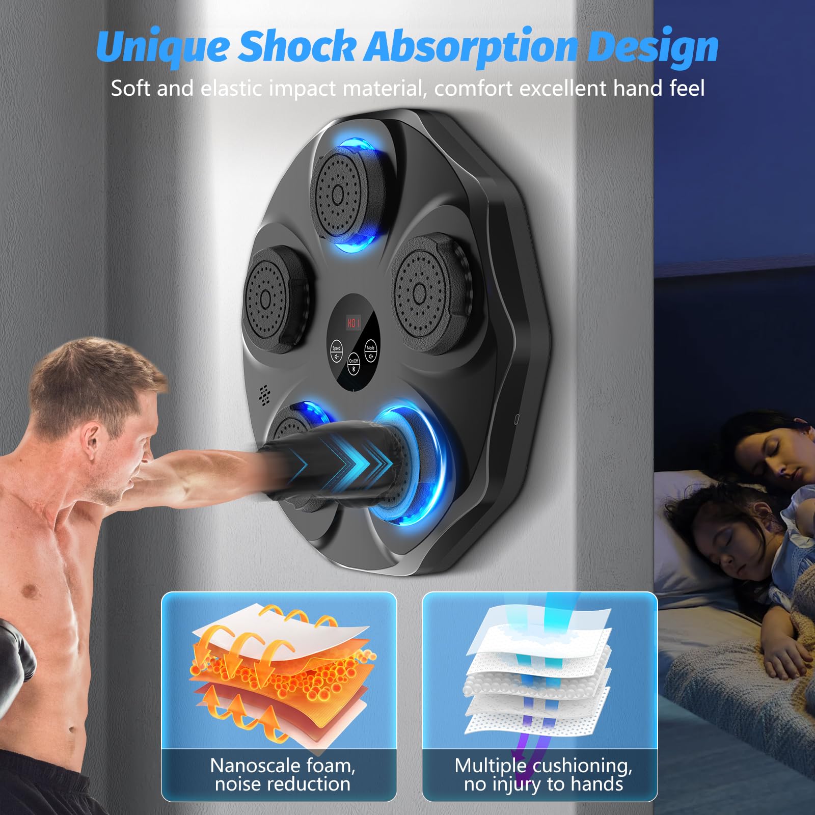 Smart Music Boxing Machine with LED Lights & Bluetooth – Wall-Mounted Interactive Punch Trainer, 9 Modes & 9 Speeds, Includes Gloves for Home Gym Workout (Black)