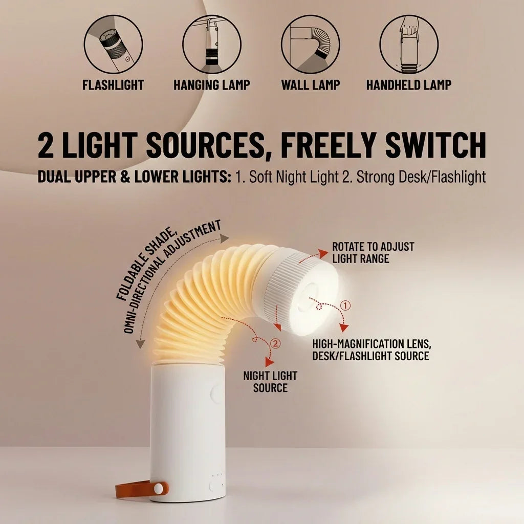 Foldable Outdoor Camping Light with Dual Brightness Modes – Rechargeable Red LED Tent Lamp, IP65 Waterproof, Magnetic Base & Adjustable Neck for Hiking and Emergency Use (Red)