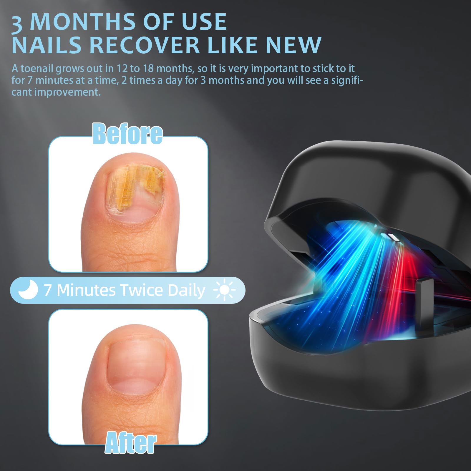 Nail Wellness Light Device (1-Piece): Red & Blue LED for Daily Nail Care Routine – Auto Timer, USB Rechargeable (Black)