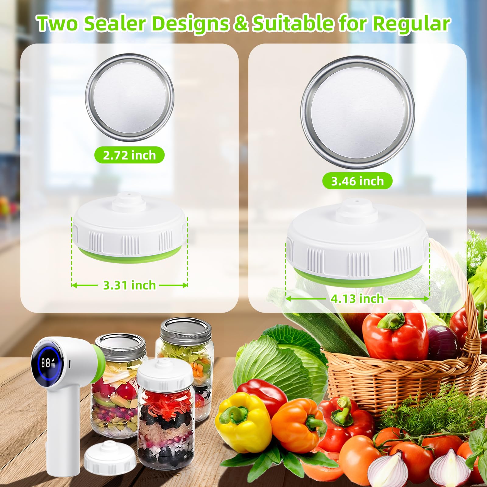 Green Electric Vacuum Sealer Kit – Portable Mason Jar & Bag Sealing Machine with Digital Display, USB Rechargeable, One-Touch Operation | Ideal for Home, Camping, Travel