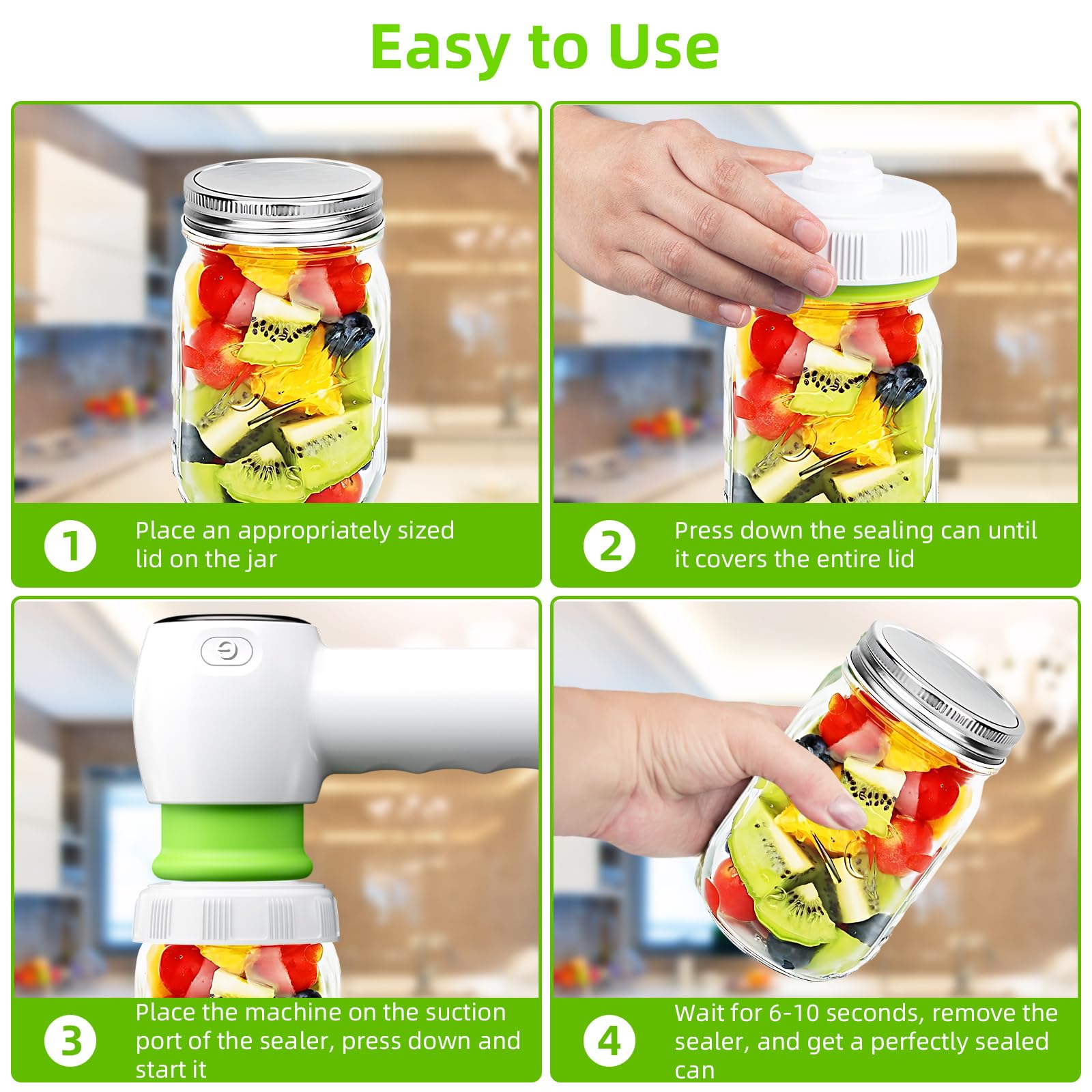 Green Electric Vacuum Sealer Kit – Portable Mason Jar & Bag Sealing Machine with Digital Display, USB Rechargeable, One-Touch Operation | Ideal for Home, Camping, Travel