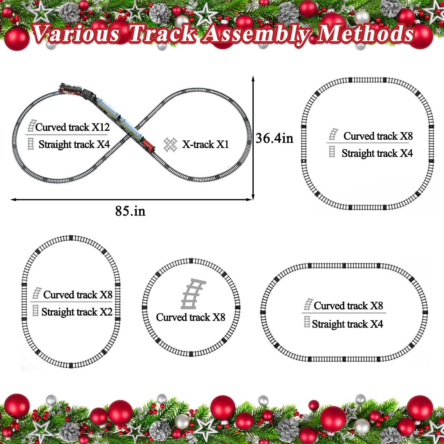 Train Set for Kids, Electric Train Toys with Realistic Light Sounds Smoke, Christmas Train Model Gifts for Toddlers Boys Girls, Steam Locomotive, Luxury Track & 2 Glowing Passenger Carriages (Black)