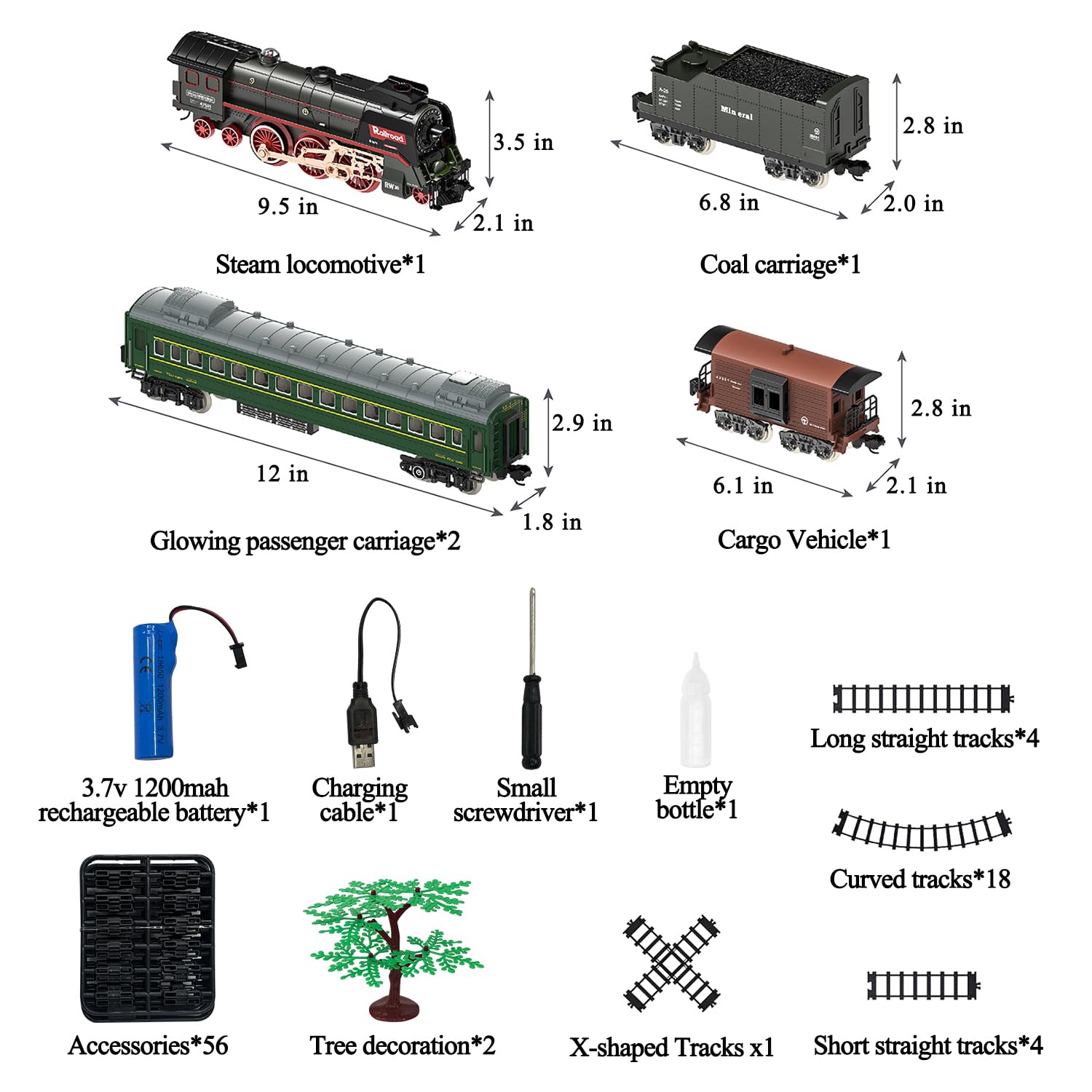 Train Set for Kids, Electric Train Toys with Realistic Light Sounds Smoke, Christmas Train Model Gifts for Toddlers Boys Girls, Steam Locomotive, Luxury Track & 2 Glowing Passenger Carriages (Black)