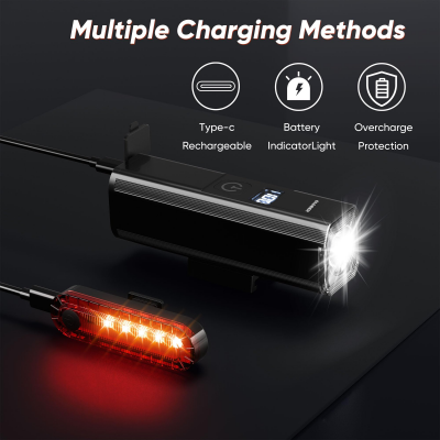 Ultra-Bright 1200 Lumen Bike Light Set with USB Rechargeable Headlight & Tail Light – IP65 Waterproof Cycling Lamp for Night Riding (Black)