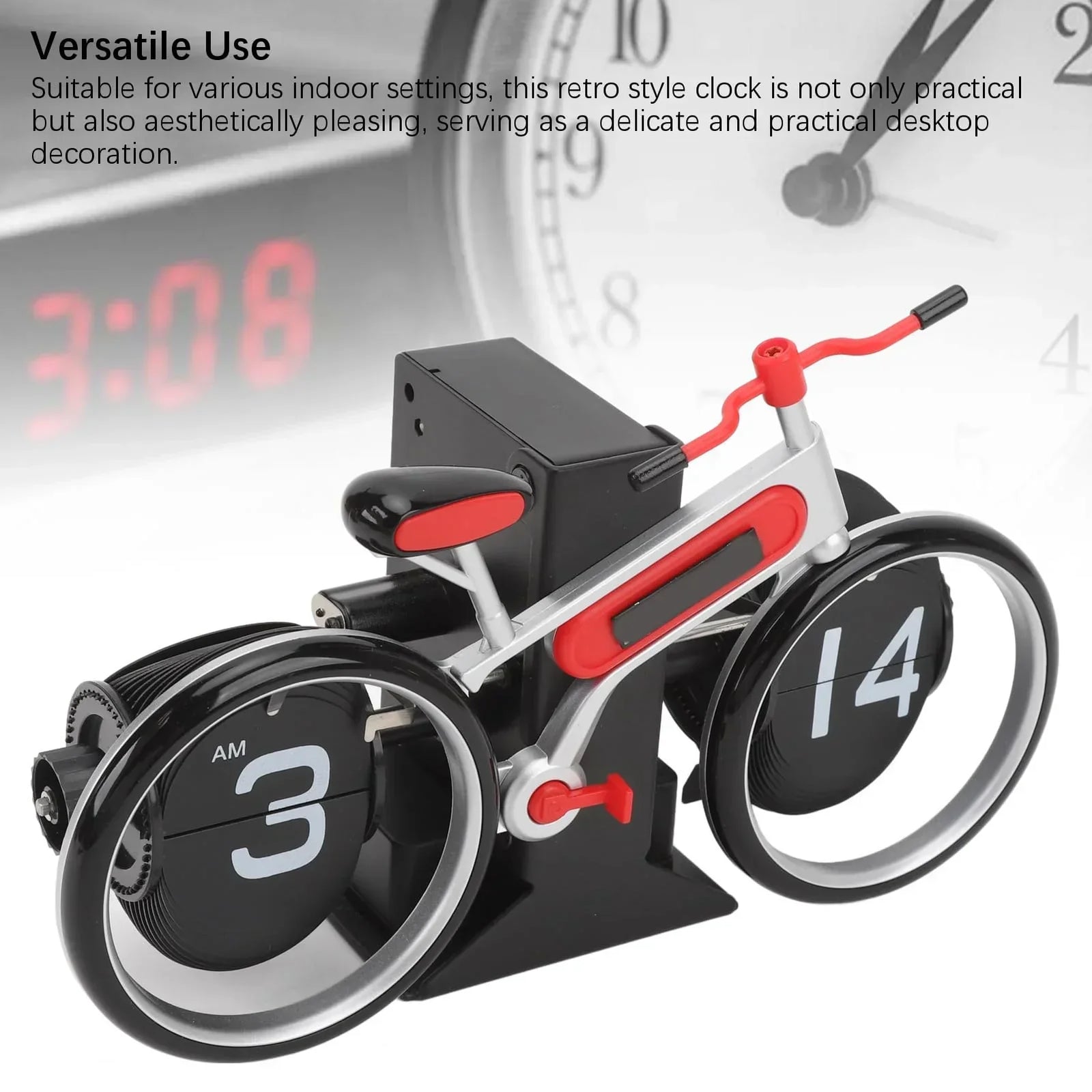 Modern Bicycle Flip Clock – Creative Mechanical Desk Timepiece with Dual Rotating Wheels, Retro Design for Home Office Decor, Compact Size (Red)