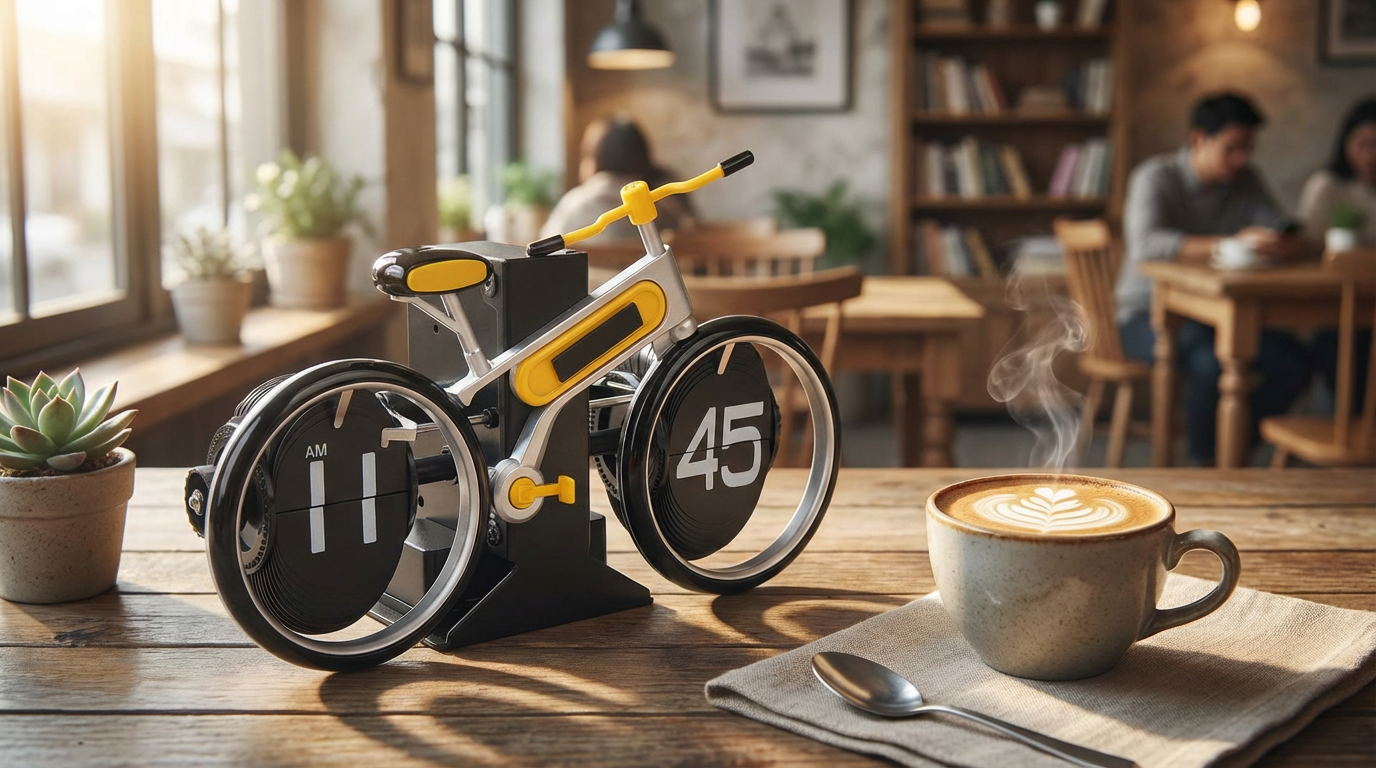 Modern Bicycle Flip Clock – Creative Mechanical Desk Timepiece with Dual Rotating Wheels, Retro Design for Home Office Decor, Compact Size (Yellow)