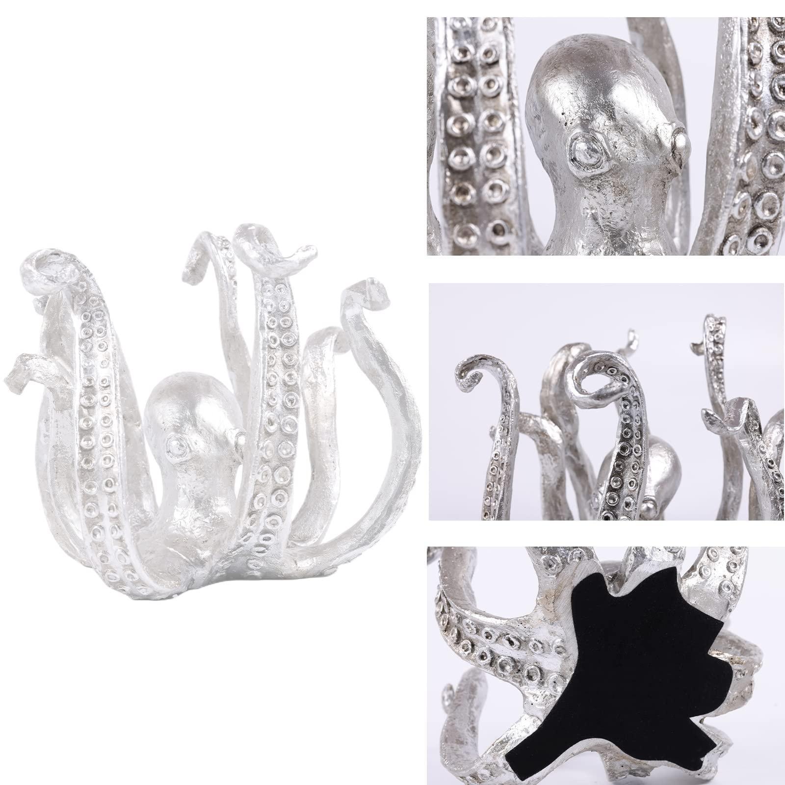 Multi-Functional Octopus Sculpture – Decorative Resin Cup Holder & Jewelry Organizer, Unique Home Accent for Living Room, Office, or Desk (Silver)