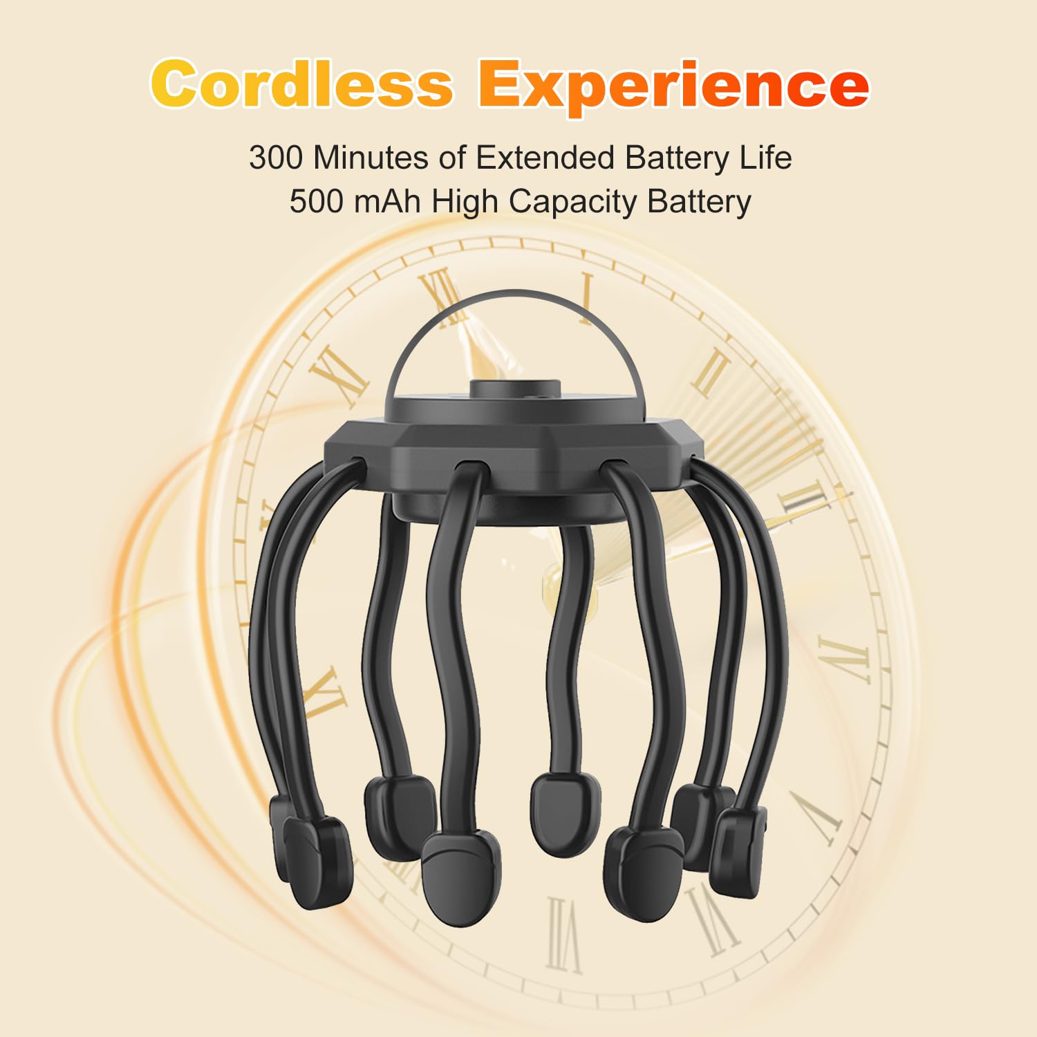 Wireless Octopus Head Massager – 8-Point Vibration Therapy, 360° Scalp Relief, Rechargeable with 3 Modes for Stress & Insomnia Relief (Black)