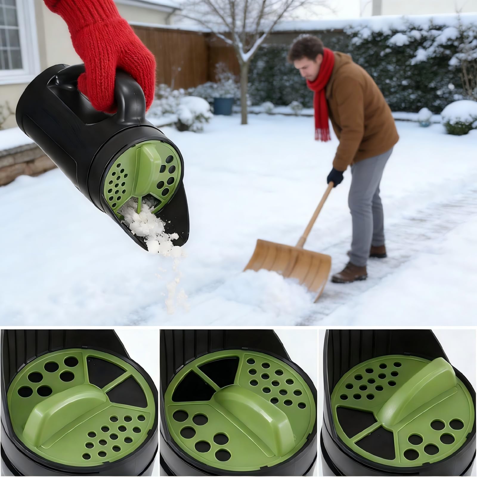 Handheld Garden Seed & Salt Spreader – 80oz Capacity, Adjustable Outlet, Ergonomic Handle for Fertilizer, Grass Seeds, Ice Melt Use (Green)