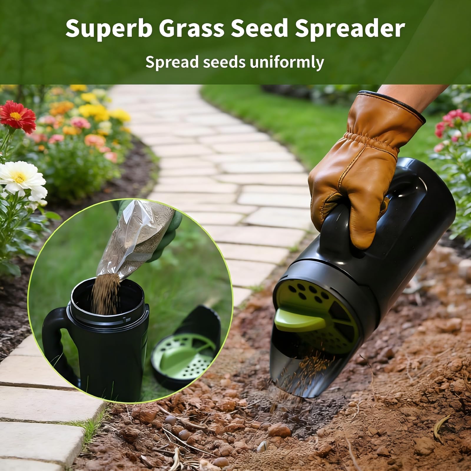 Handheld Garden Seed & Salt Spreader – 80oz Capacity, Adjustable Outlet, Ergonomic Handle for Fertilizer, Grass Seeds, Ice Melt Use (Green)