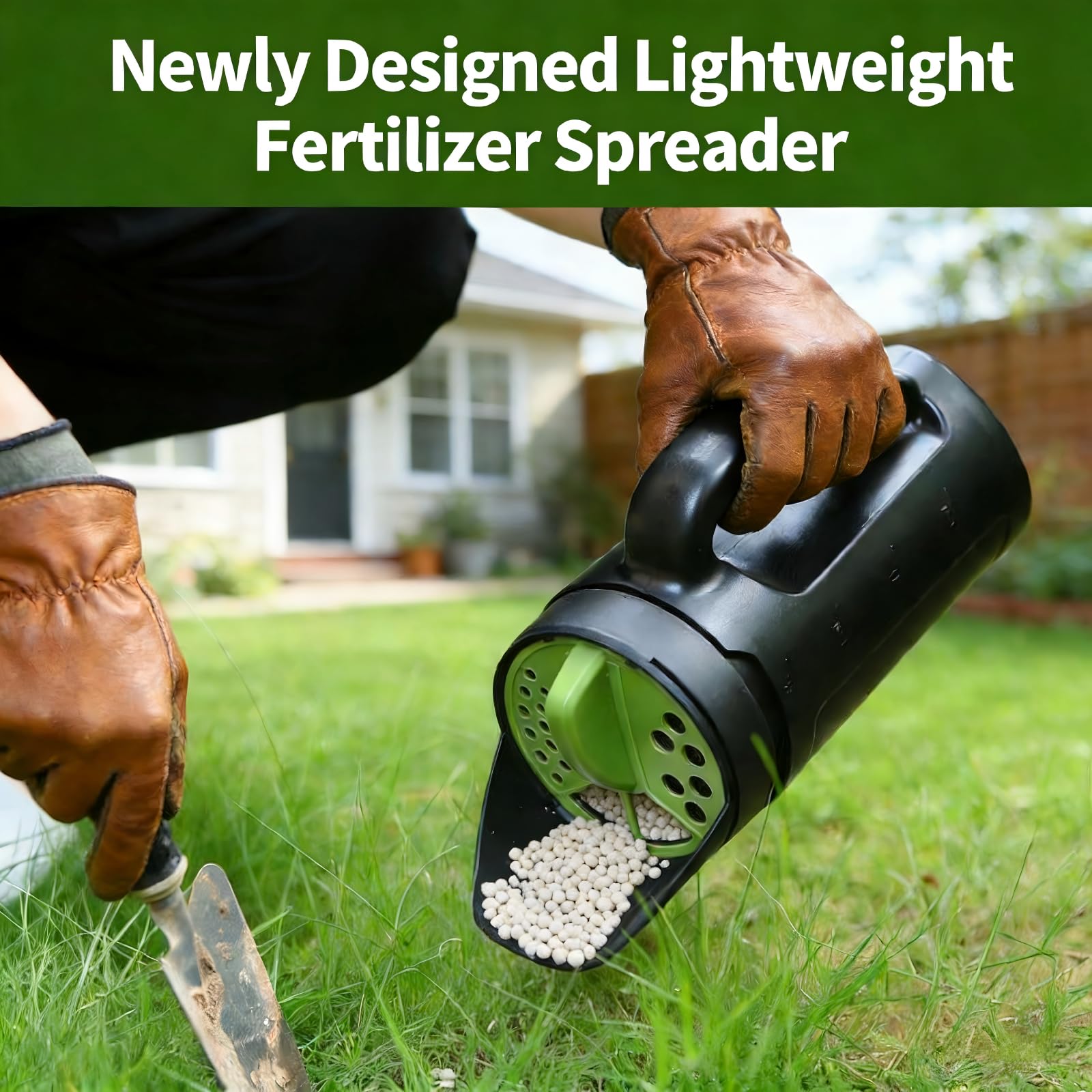 Handheld Garden Seed & Salt Spreader – 80oz Capacity, Adjustable Outlet, Ergonomic Handle for Fertilizer, Grass Seeds, Ice Melt Use (Green)
