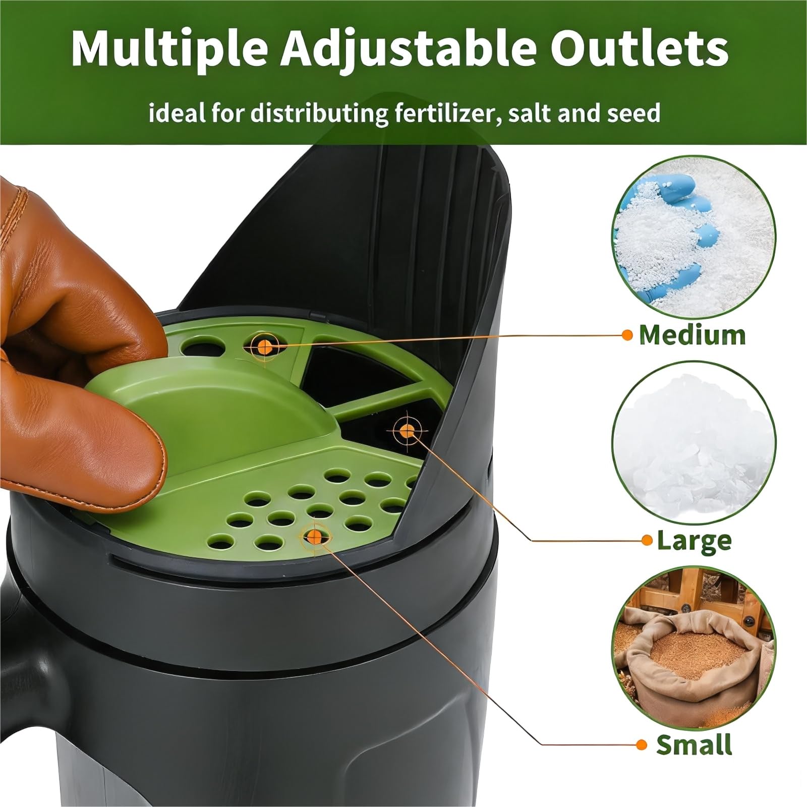 Handheld Garden Seed & Salt Spreader – 80oz Capacity, Adjustable Outlet, Ergonomic Handle for Fertilizer, Grass Seeds, Ice Melt Use (Green)