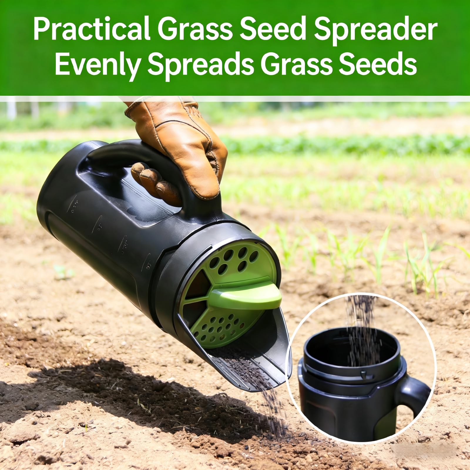 Handheld Garden Seed & Salt Spreader – 80oz Capacity, Adjustable Outlet, Ergonomic Handle for Fertilizer, Grass Seeds, Ice Melt Use (Green)