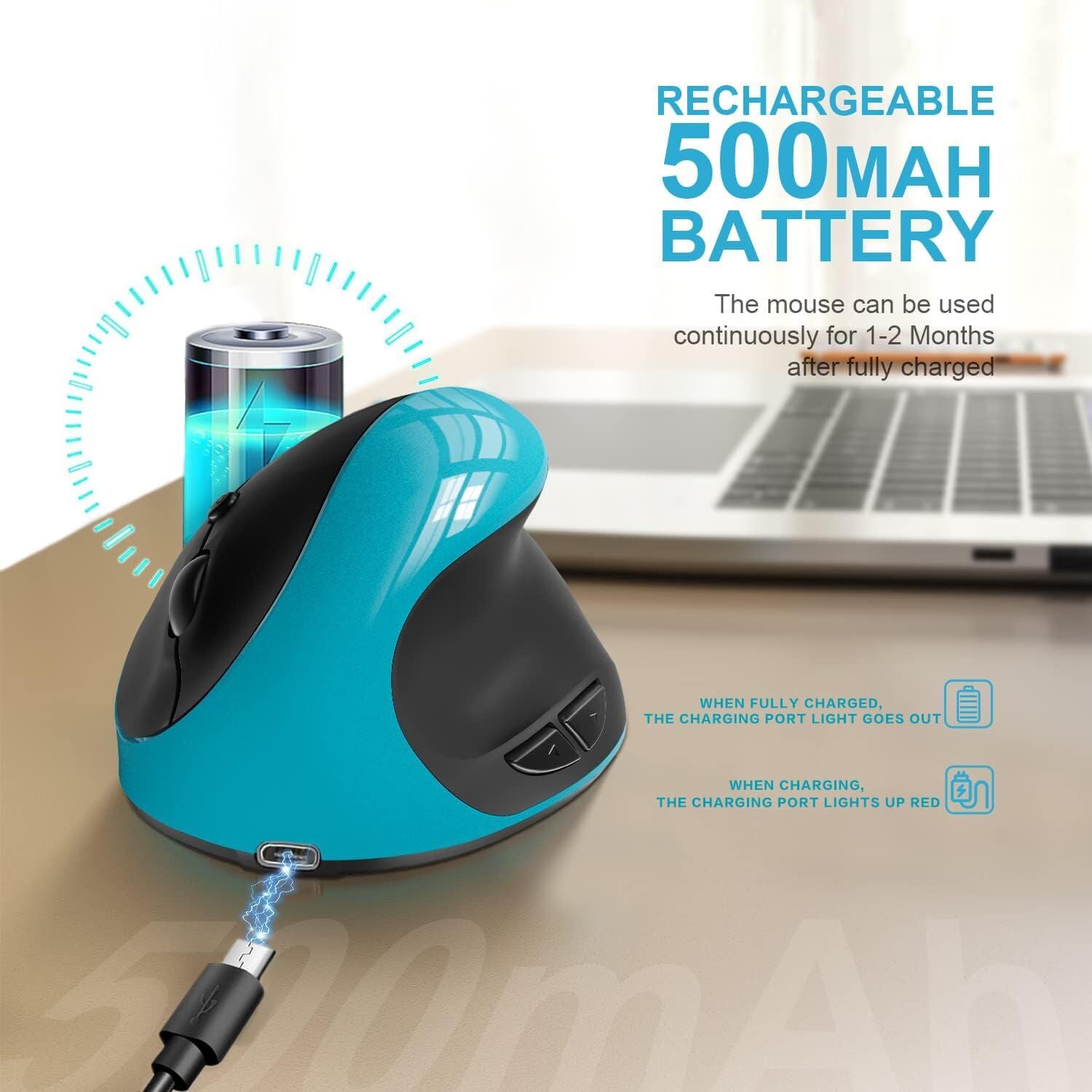 Blue Ergonomic Wireless Vertical Mouse (Small Hand-Friendly): USB-C Rechargeable, 2.4G 3-DPI, Reduce Wrist Strain (Right-Handed)