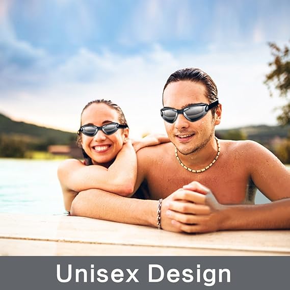 Gray Swim Goggles Set with Cap, Nose Clip, Earplugs & Case: Anti-Fog UV Protection for Men & Women
