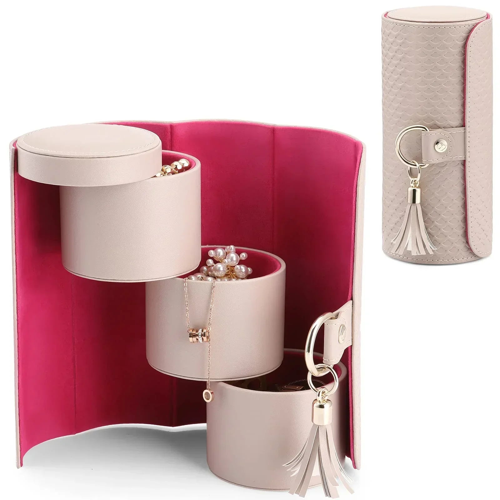 Grey Travel Jewelry Case: 3-Layer PU Cylinder Organizer for Necklaces, Earrings, Gifts for Travelers & Jewelry Lovers