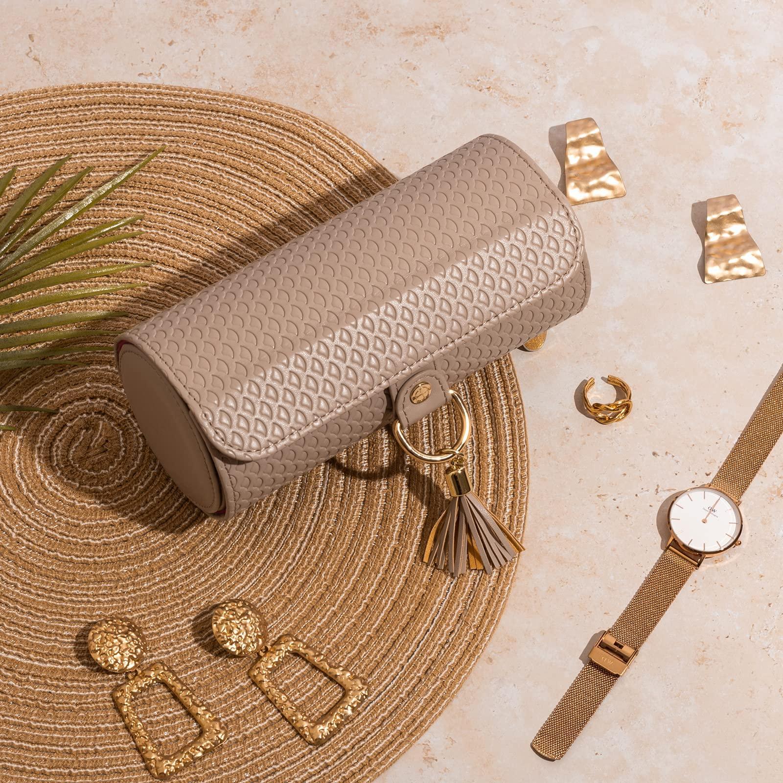 Grey Travel Jewelry Case: 3-Layer PU Cylinder Organizer for Necklaces, Earrings, Gifts for Travelers & Jewelry Lovers