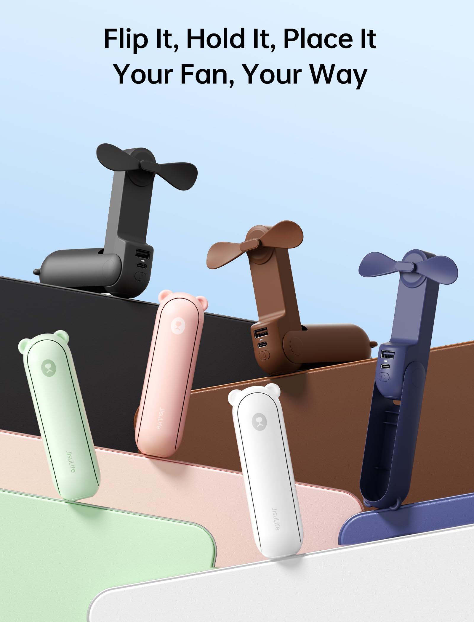 Handheld Mini Fan (Brown), 3-in-1 USB Rechargeable Portable Fan with Power Bank & Flashlight, Pocket Design for Travel & Summer