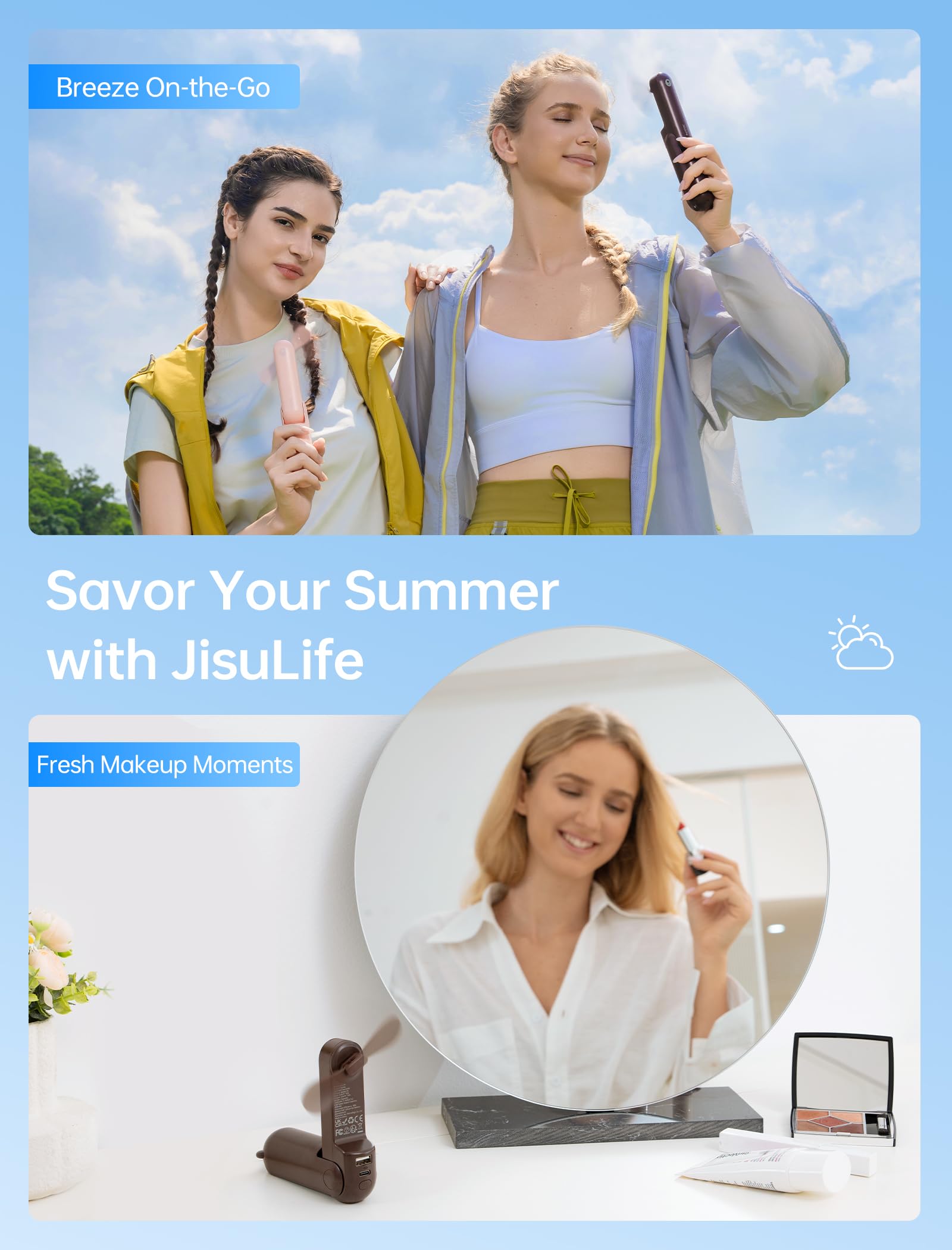 Handheld Mini Fan (Brown), 3-in-1 USB Rechargeable Portable Fan with Power Bank & Flashlight, Pocket Design for Travel & Summer